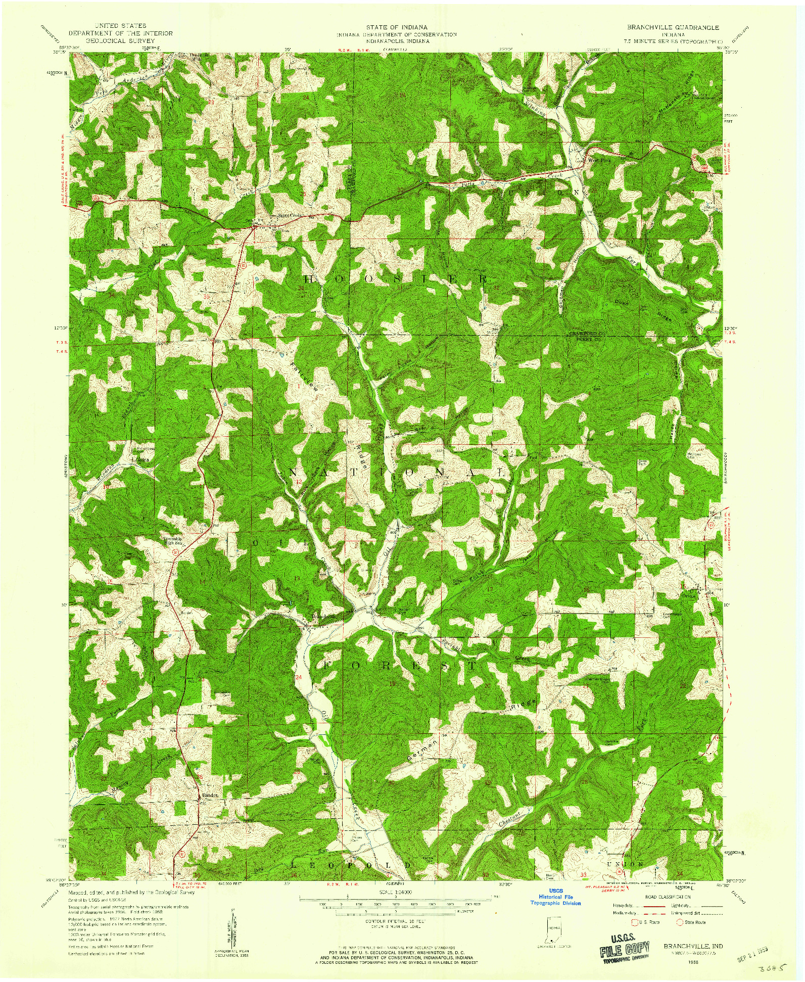 USGS 1:24000-SCALE QUADRANGLE FOR BRANCHVILLE, IN 1958