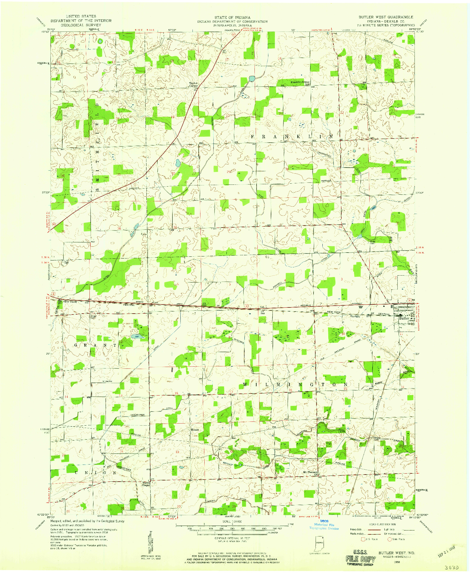 USGS 1:24000-SCALE QUADRANGLE FOR BUTLER WEST, IN 1958