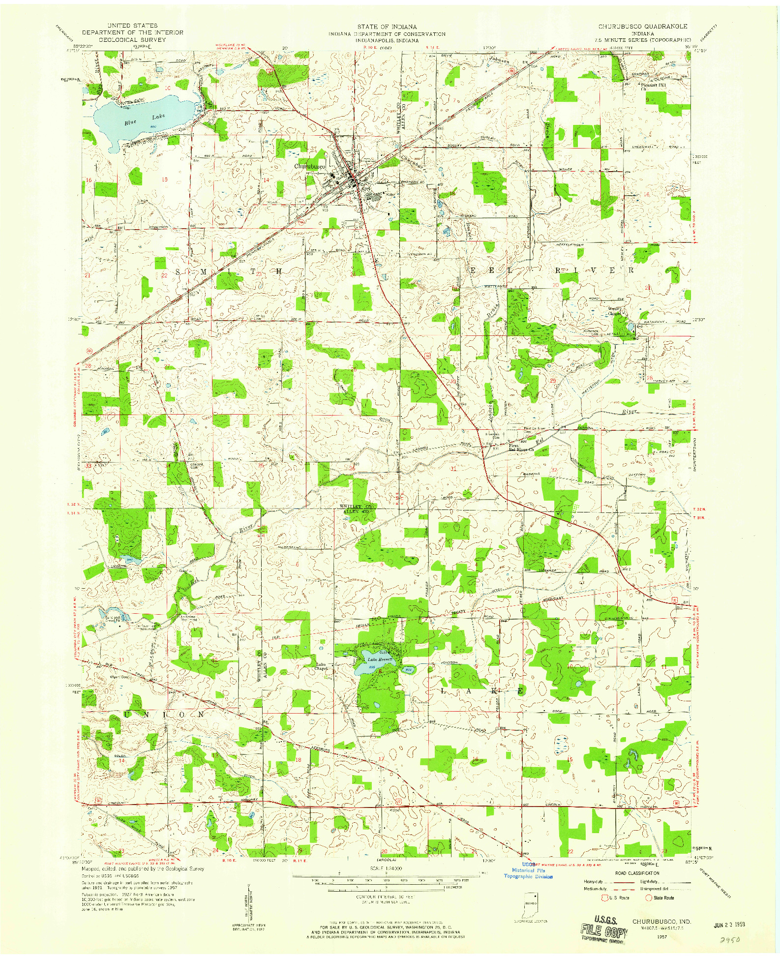 USGS 1:24000-SCALE QUADRANGLE FOR CHURUBUSCO, IN 1957