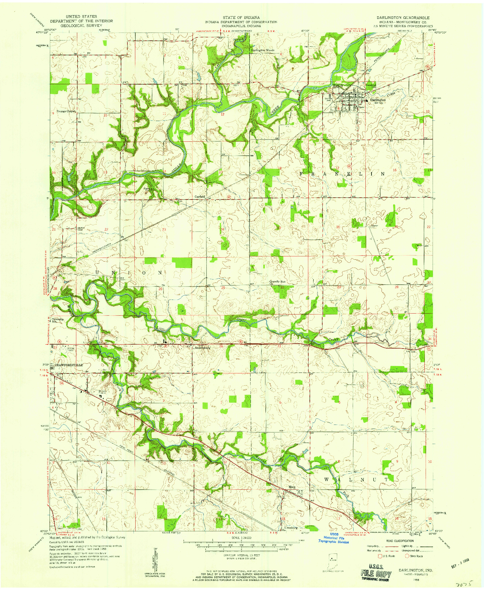 USGS 1:24000-SCALE QUADRANGLE FOR DARLINGTON, IN 1958