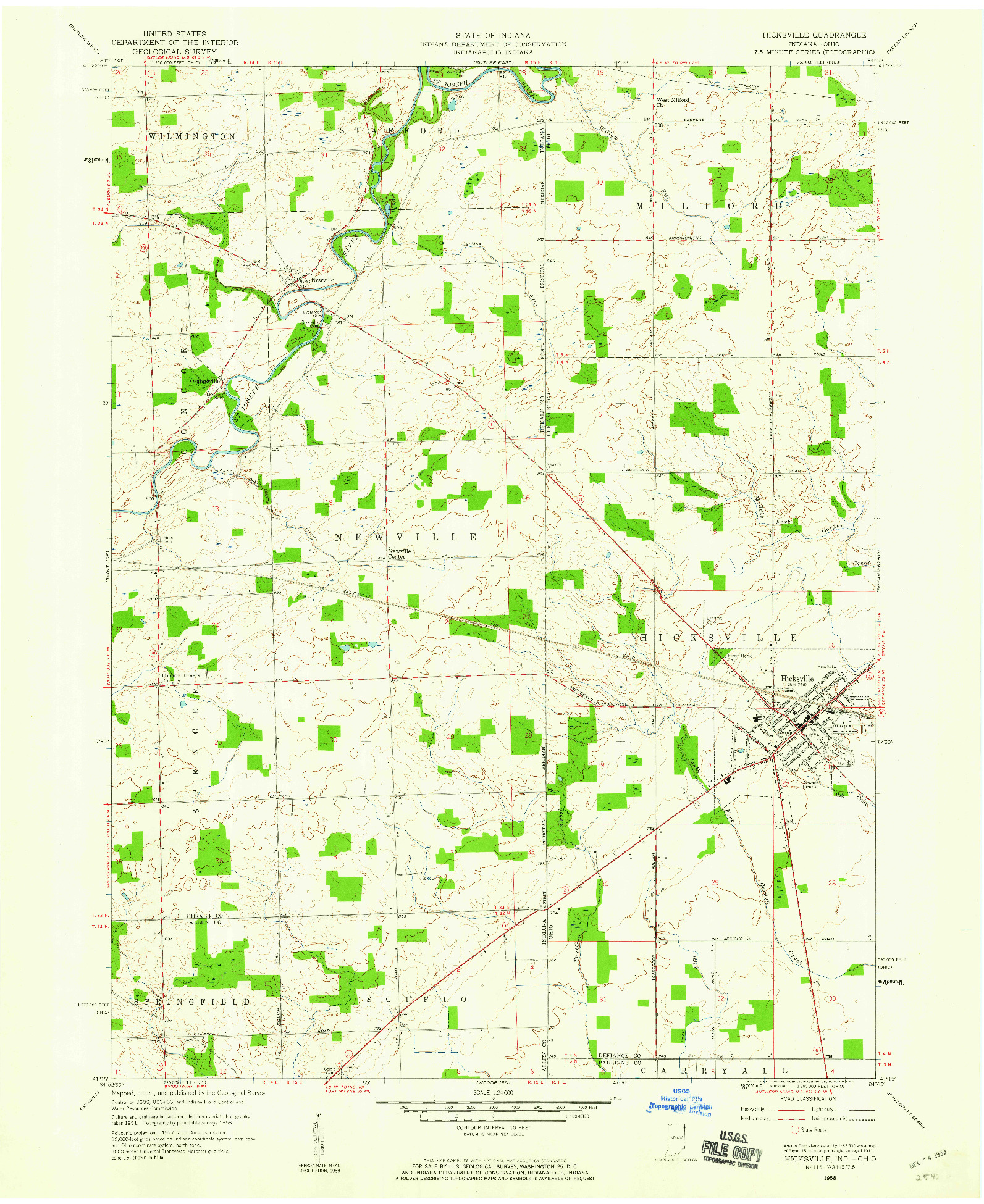 USGS 1:24000-SCALE QUADRANGLE FOR HICKSVILLE, IN 1958