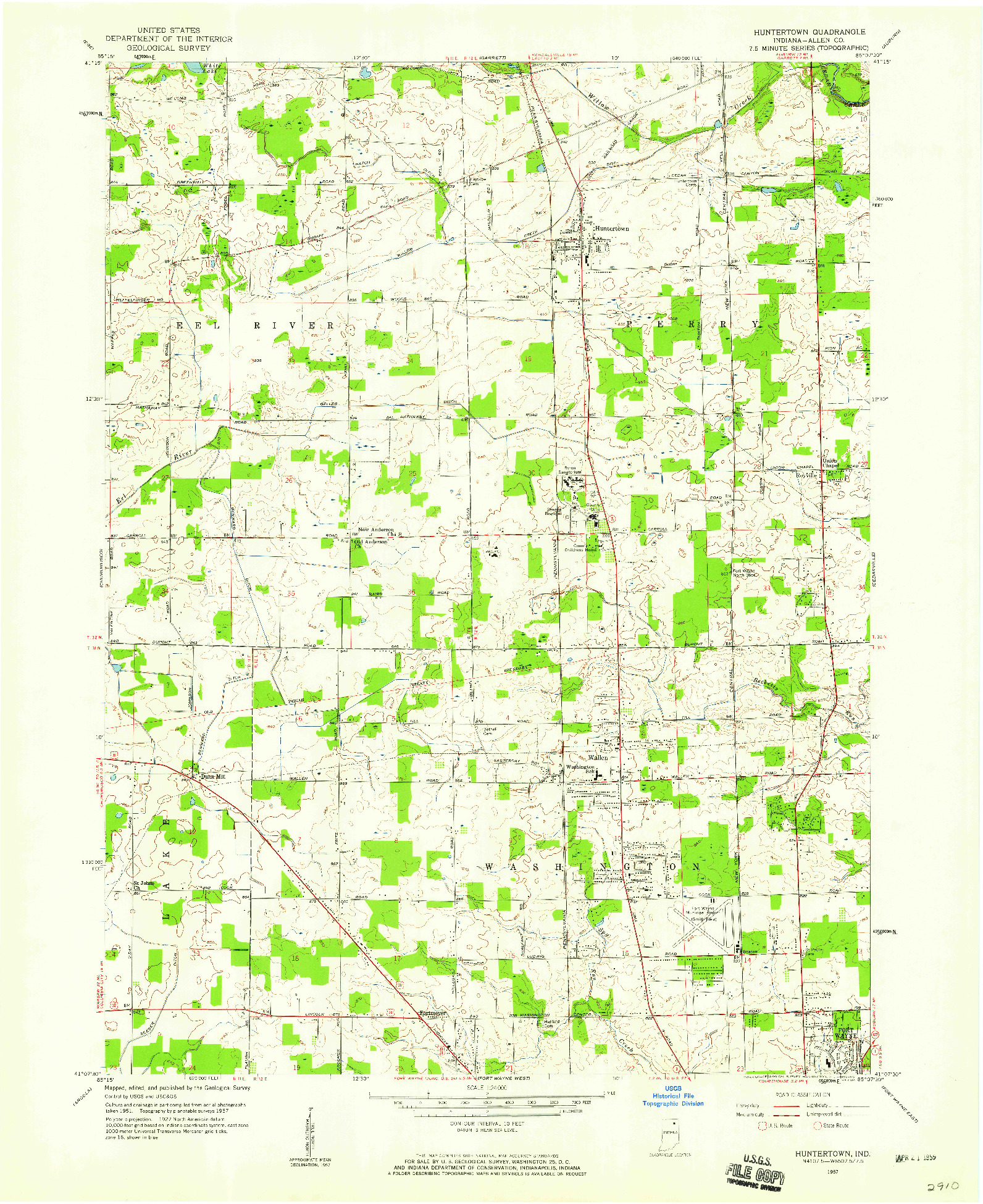 USGS 1:24000-SCALE QUADRANGLE FOR HUNTERTOWN, IN 1957