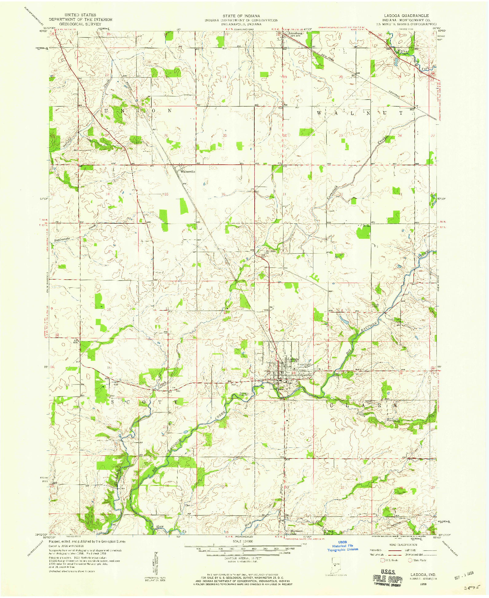 USGS 1:24000-SCALE QUADRANGLE FOR LADOGA, IN 1958