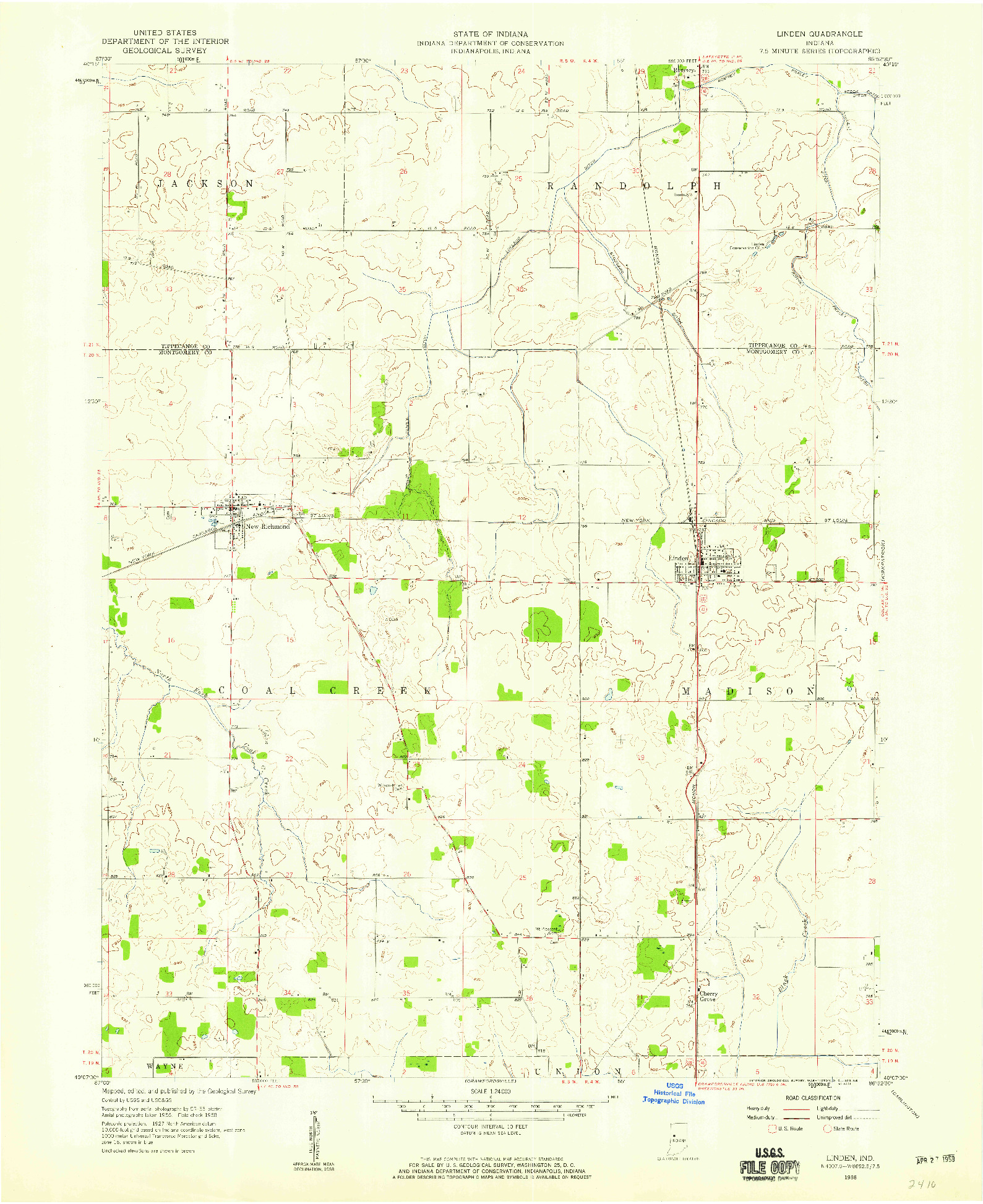 USGS 1:24000-SCALE QUADRANGLE FOR LINDEN, IN 1958