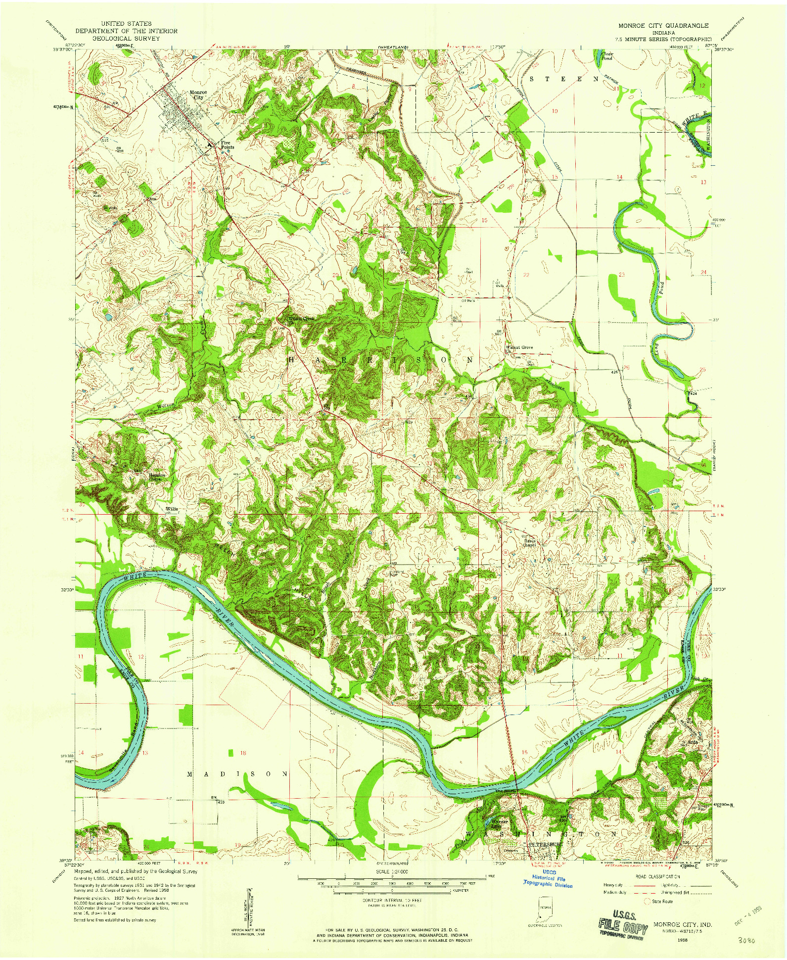 USGS 1:24000-SCALE QUADRANGLE FOR MONROE CITY, IN 1958