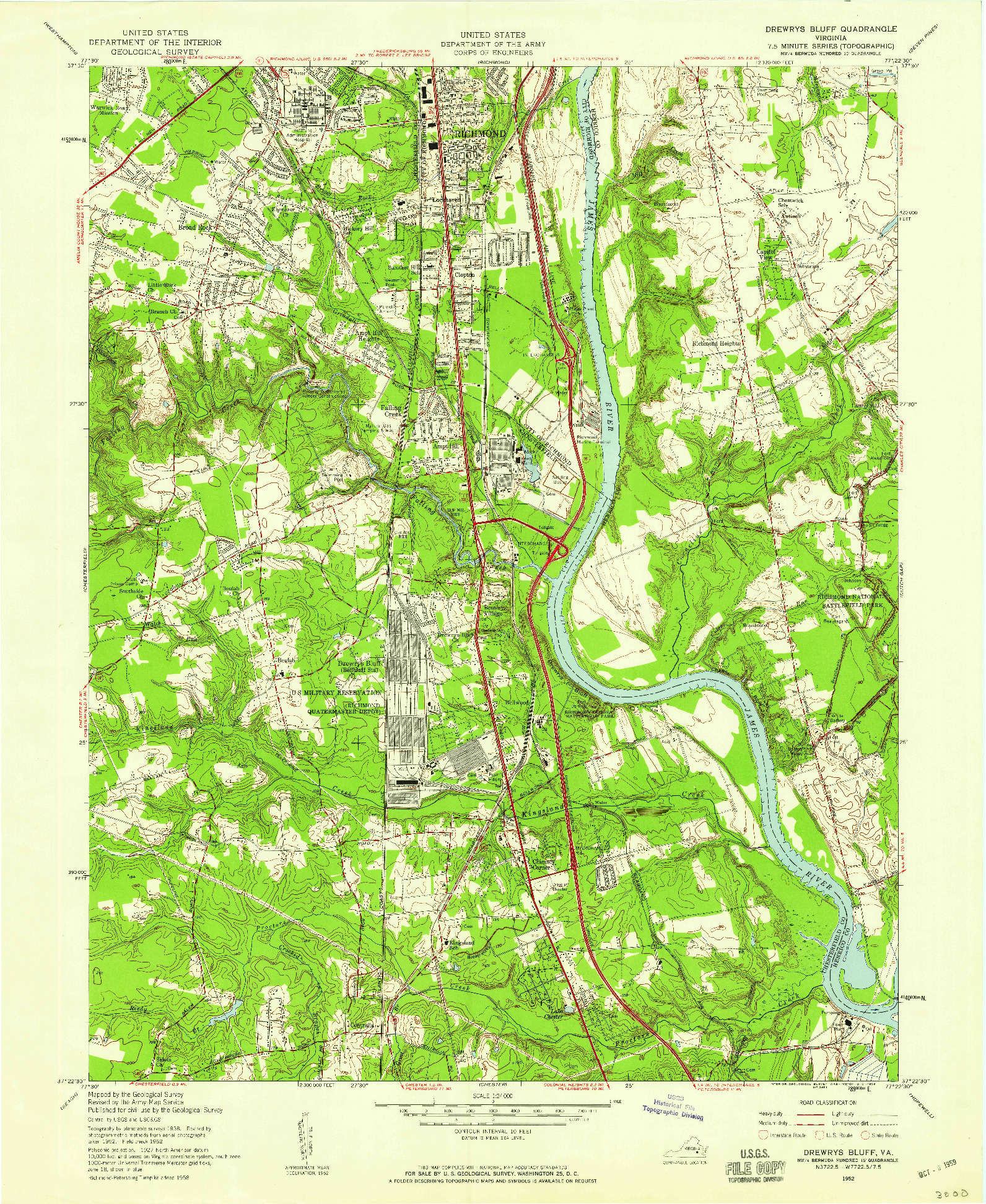 USGS 1:24000-SCALE QUADRANGLE FOR DREWRYS BLUFF, VA 1952