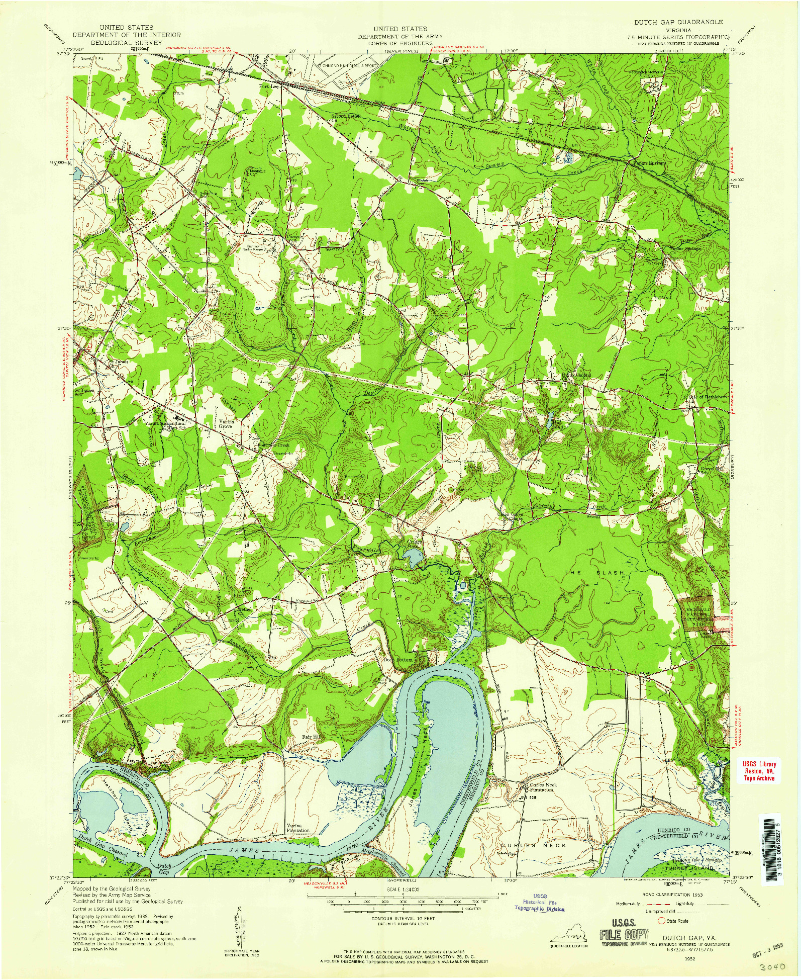 USGS 1:24000-SCALE QUADRANGLE FOR DUTCH GAP, VA 1952