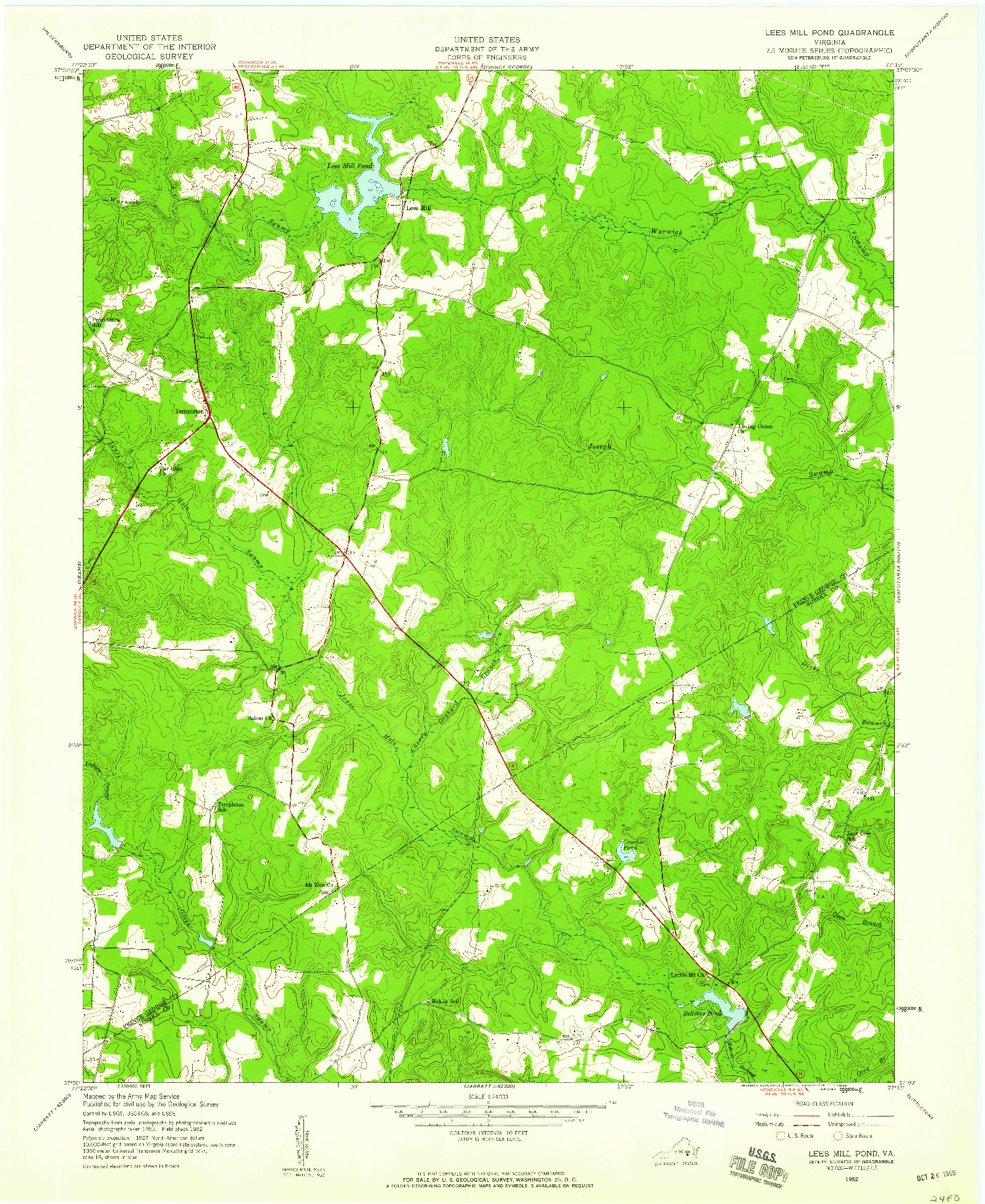 USGS 1:24000-SCALE QUADRANGLE FOR LEES MILL POND, VA 1952