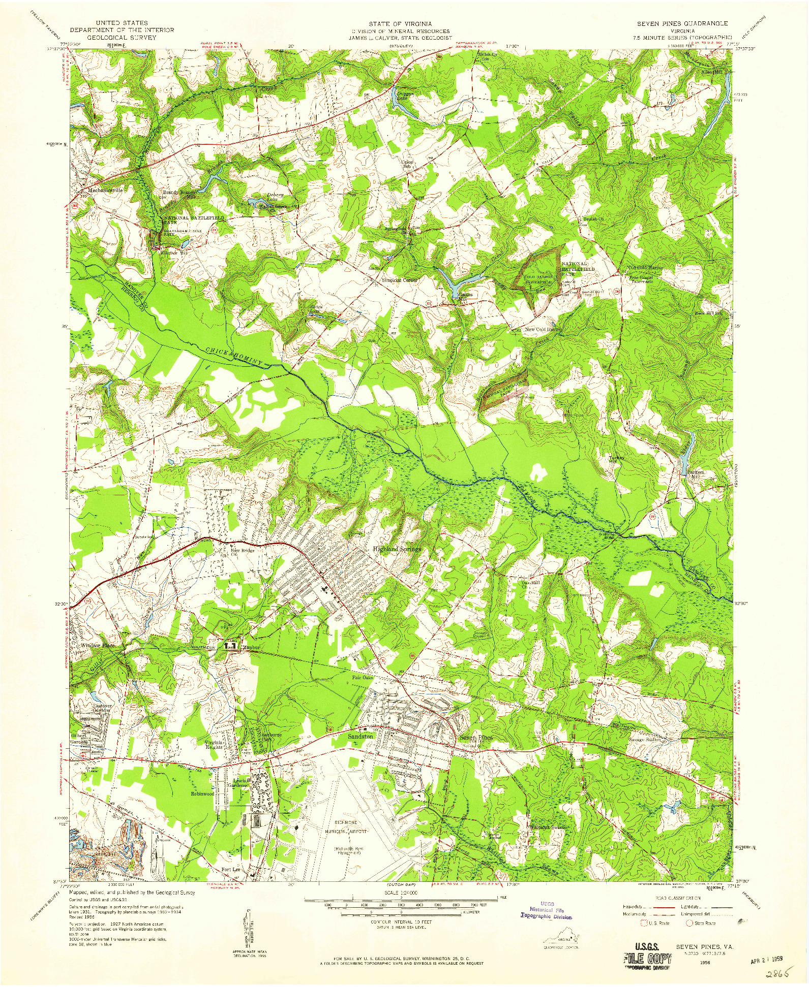 USGS 1:24000-SCALE QUADRANGLE FOR SEVEN PINES, VA 1956