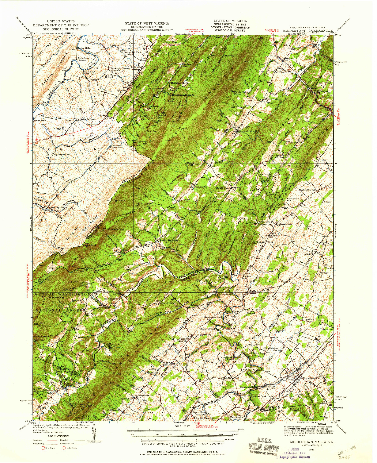 USGS 1:62500-SCALE QUADRANGLE FOR MIDDLETOWN, VA 1937