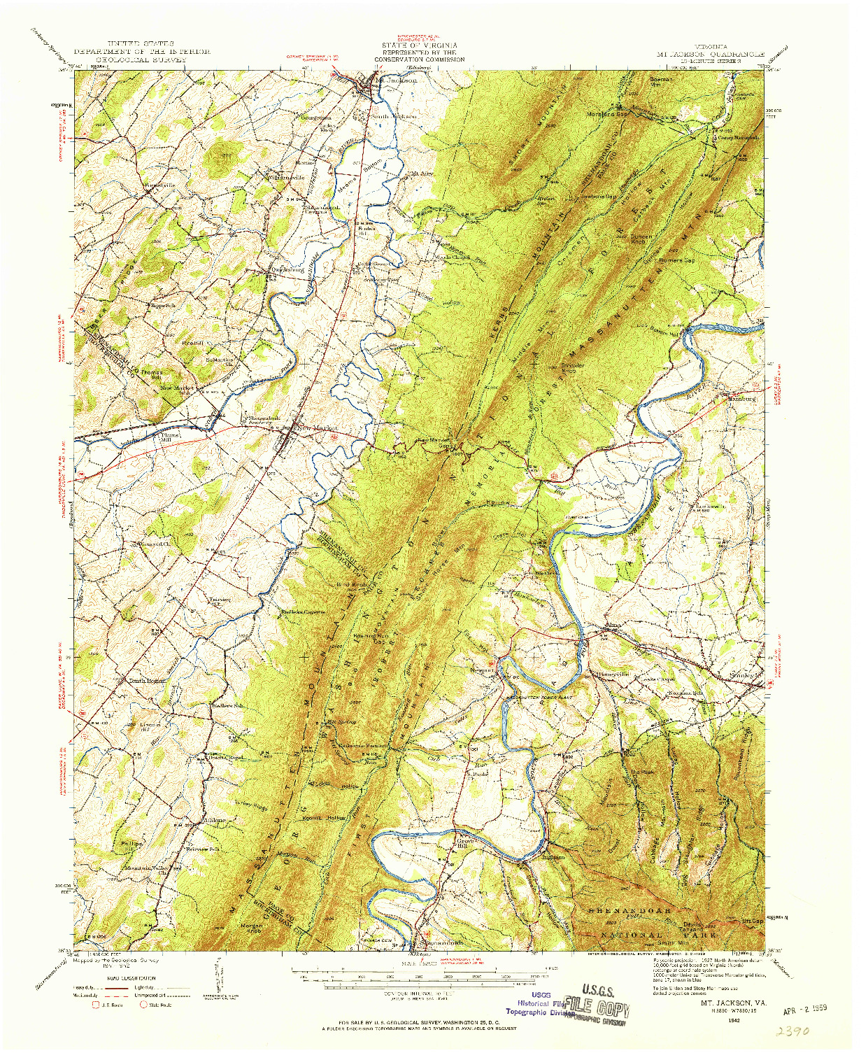 USGS 1:62500-SCALE QUADRANGLE FOR MT JACKSON, VA 1942