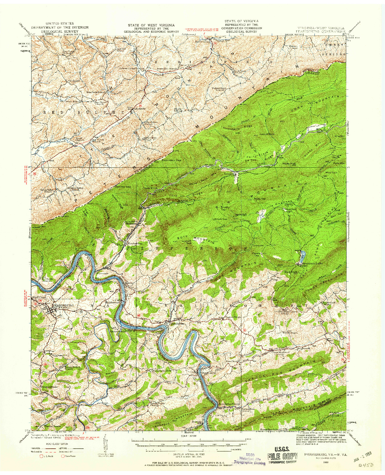 USGS 1:62500-SCALE QUADRANGLE FOR PEARISBURG, VA 1932