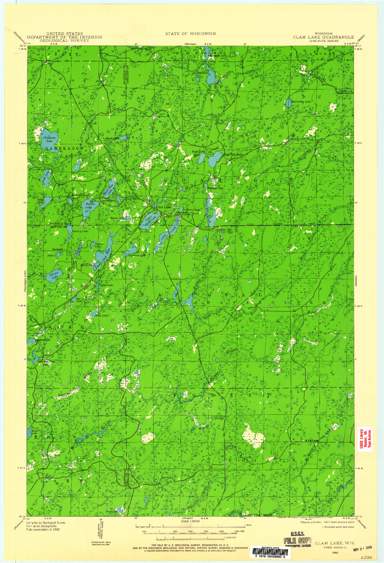 USGS 1:48000-SCALE QUADRANGLE FOR CLAM LAKE, WI 1942