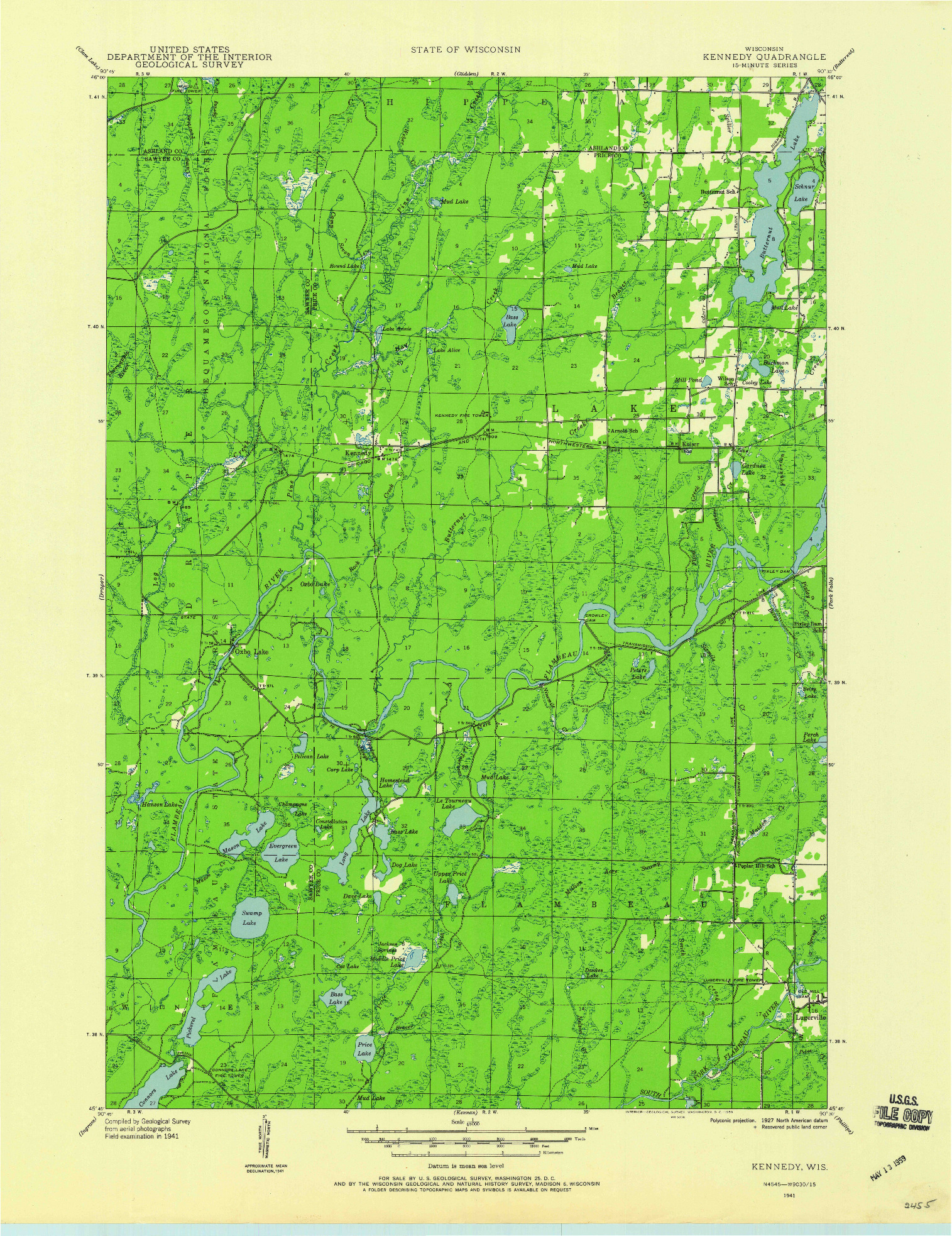 USGS 1:48000-SCALE QUADRANGLE FOR KENNEDY, WI 1941