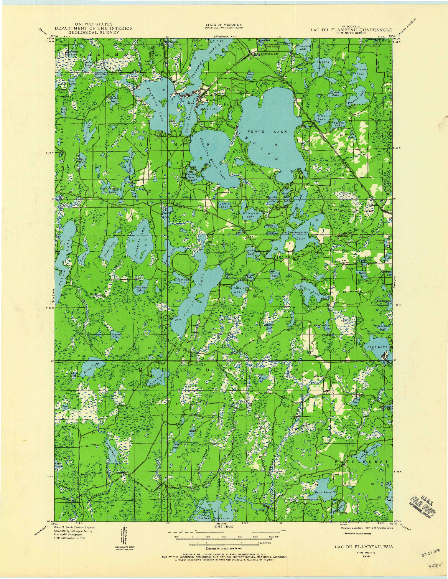 USGS 1:48000-SCALE QUADRANGLE FOR LAC DU FLAMBEAU, WI 1938
