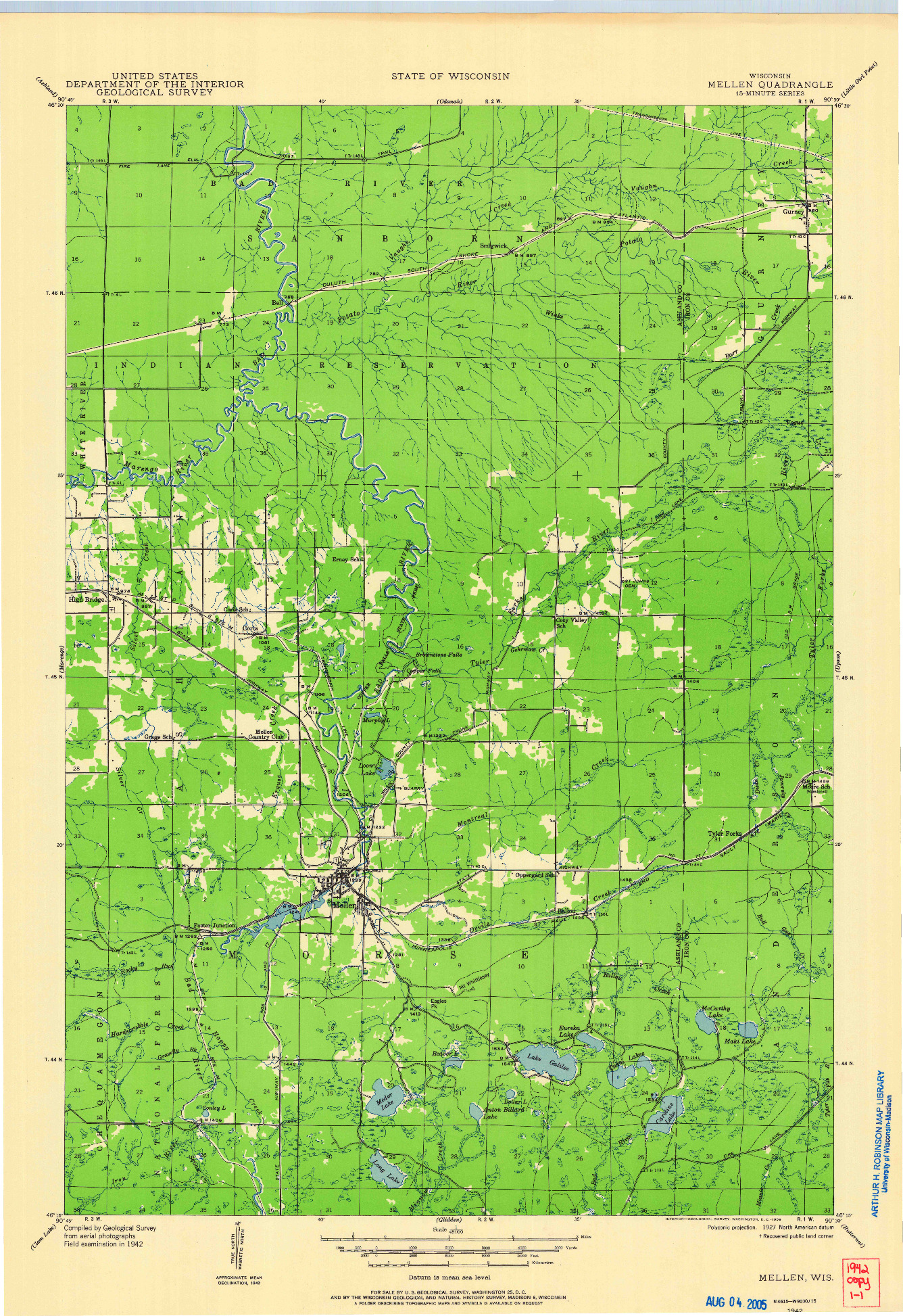 USGS 1:48000-SCALE QUADRANGLE FOR MELLEN, WI 1942