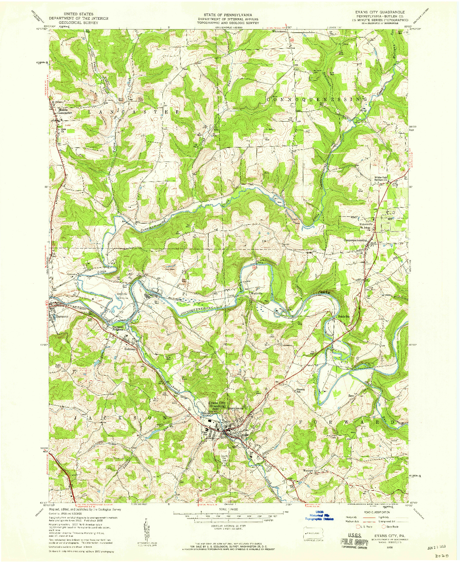 USGS 1:24000-SCALE QUADRANGLE FOR EVANS CITY, PA 1958