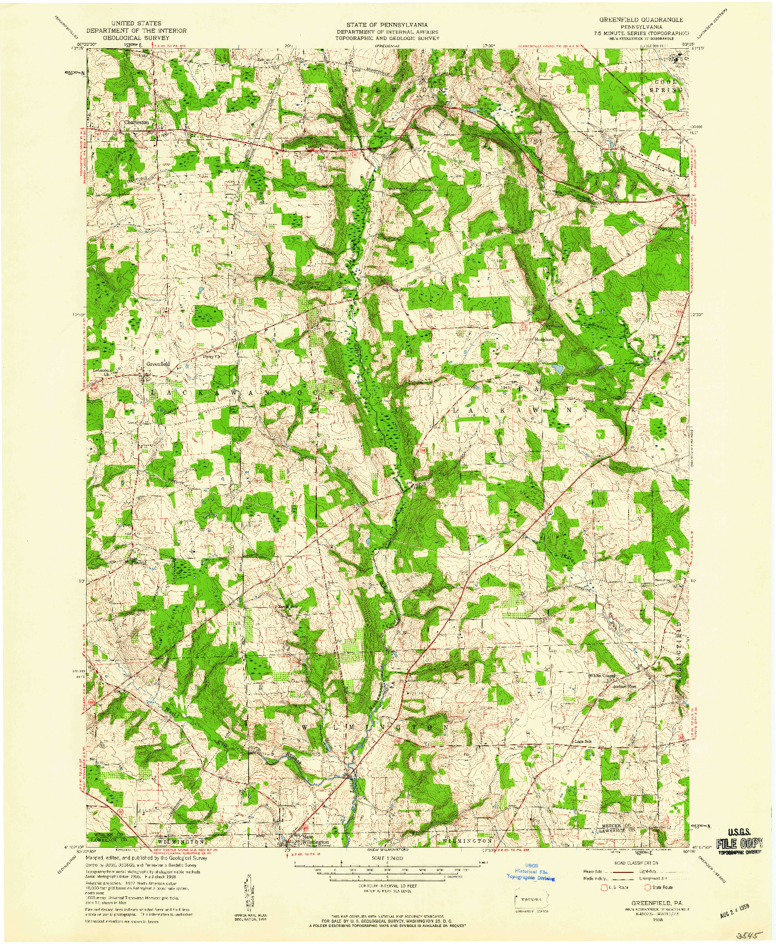 USGS 1:24000-SCALE QUADRANGLE FOR GREENFIELD, PA 1958