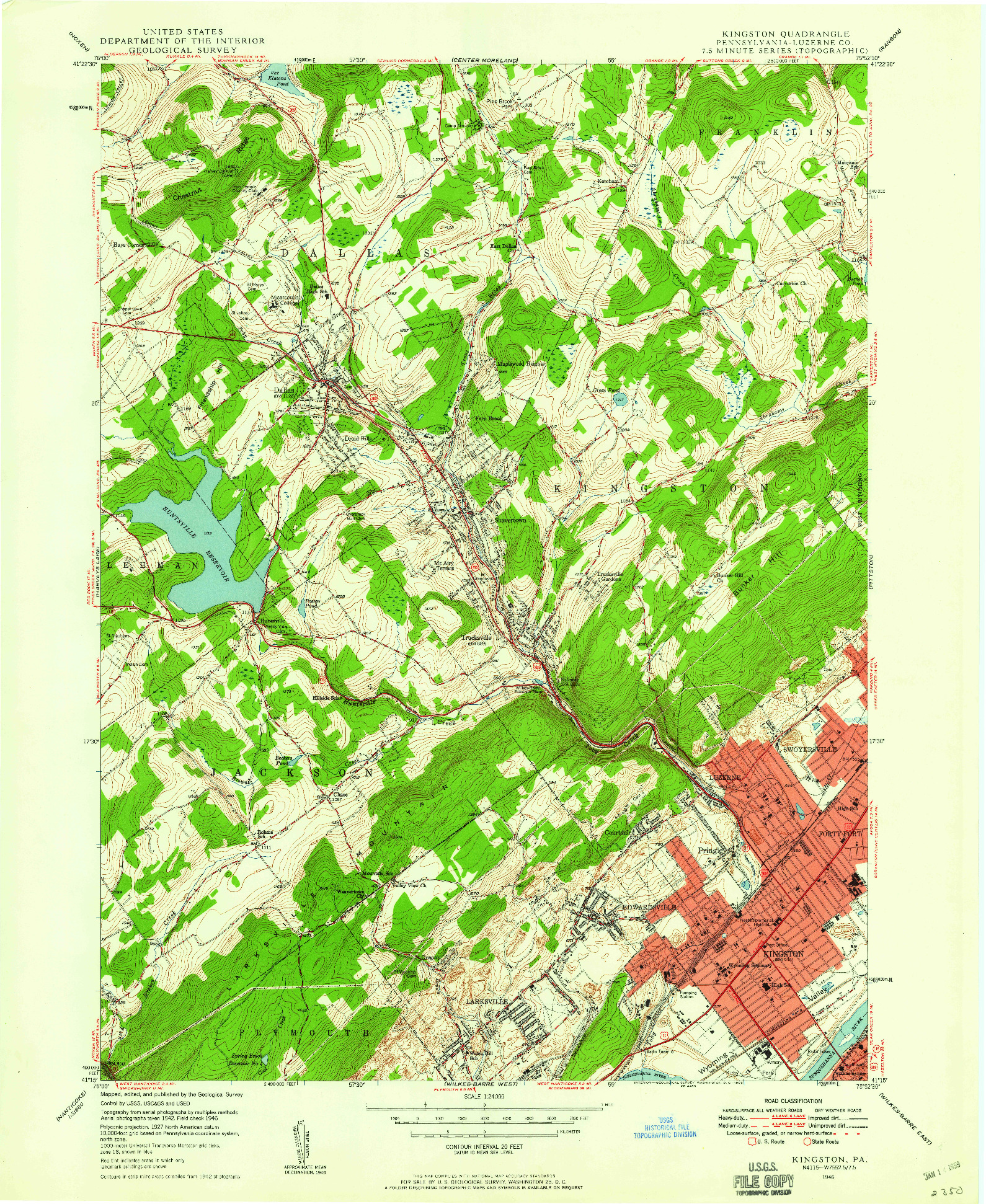 USGS 1:24000-SCALE QUADRANGLE FOR KINGSTON, PA 1946