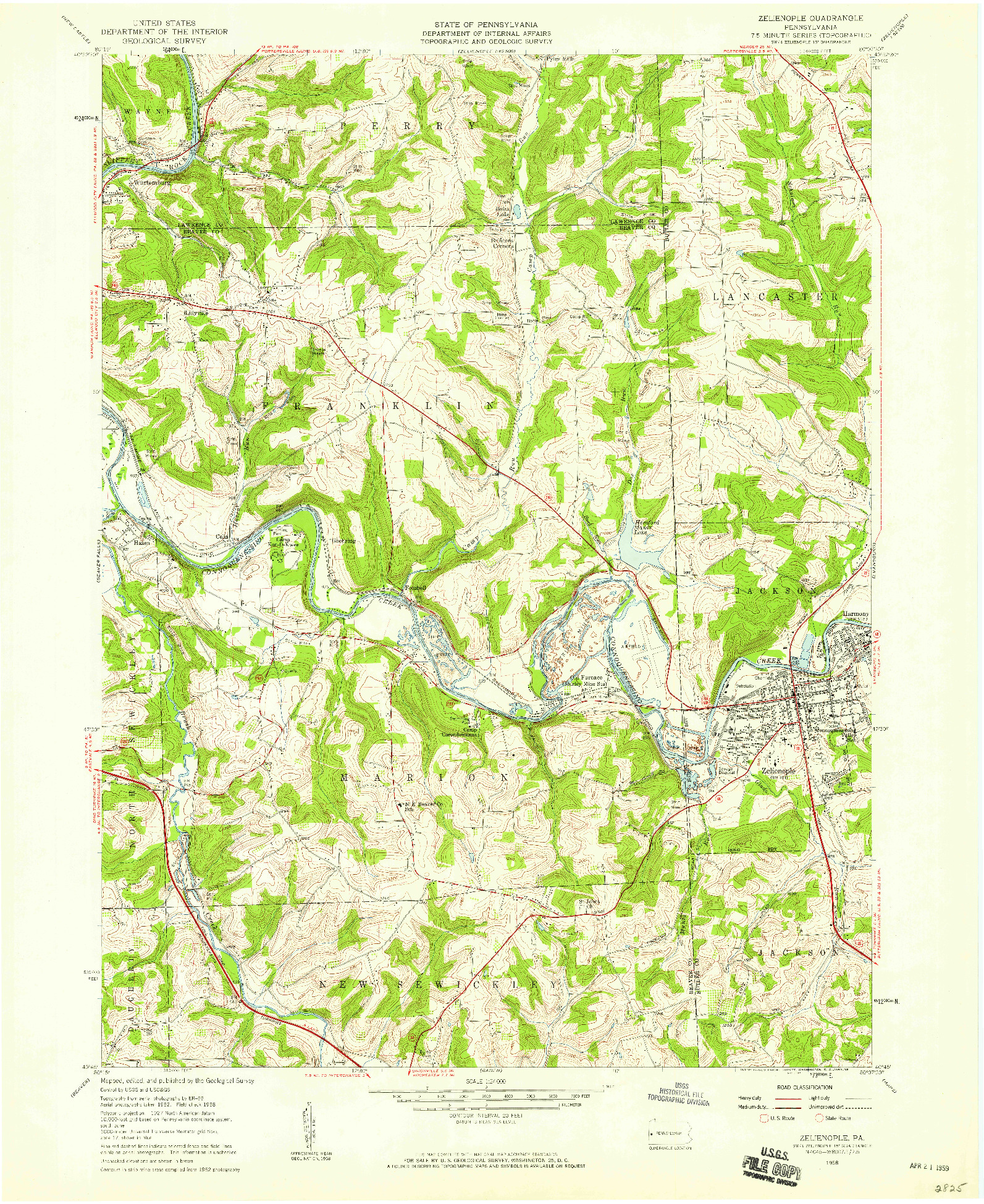 USGS 1:24000-SCALE QUADRANGLE FOR ZELIENOPLE, PA 1958