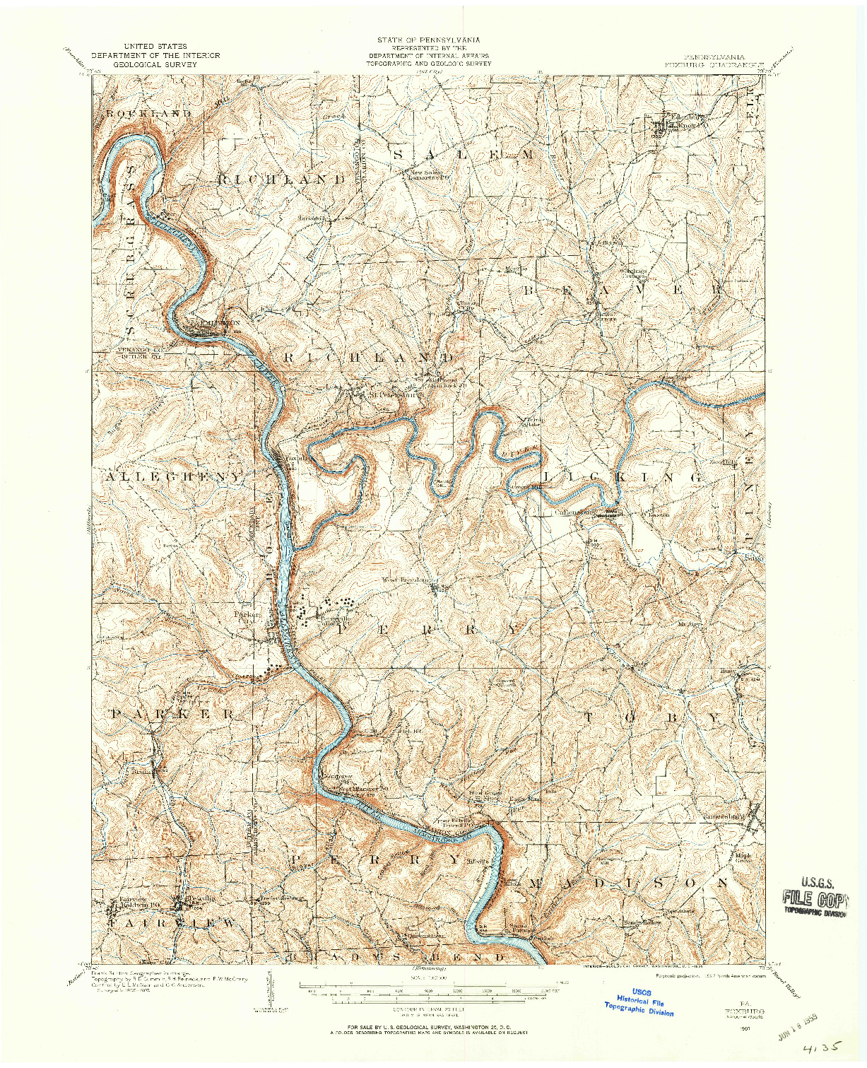 USGS 1:62500-SCALE QUADRANGLE FOR FOXBURG, PA 1907