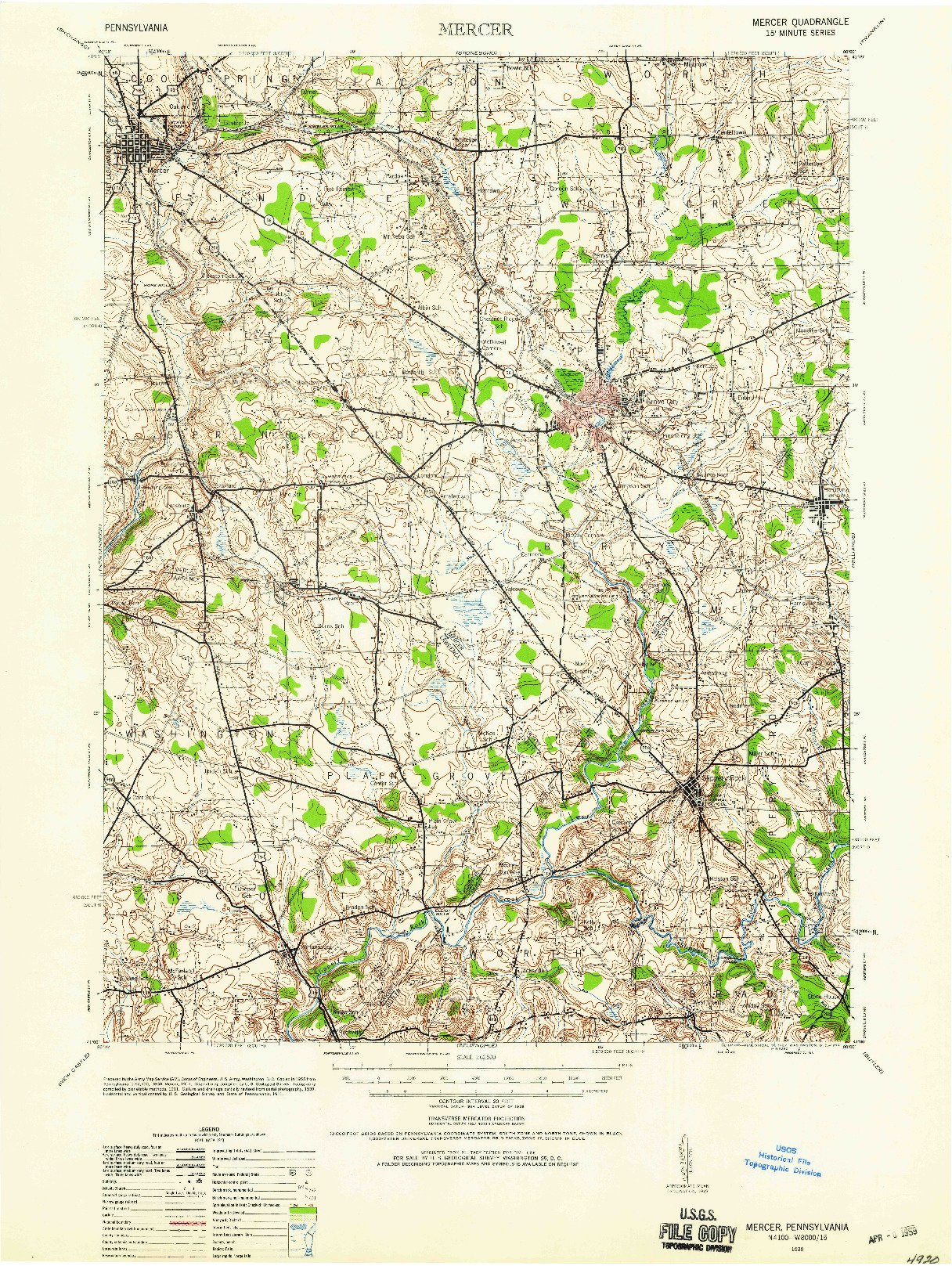 USGS 1:62500-SCALE QUADRANGLE FOR MERCER, PA 1939