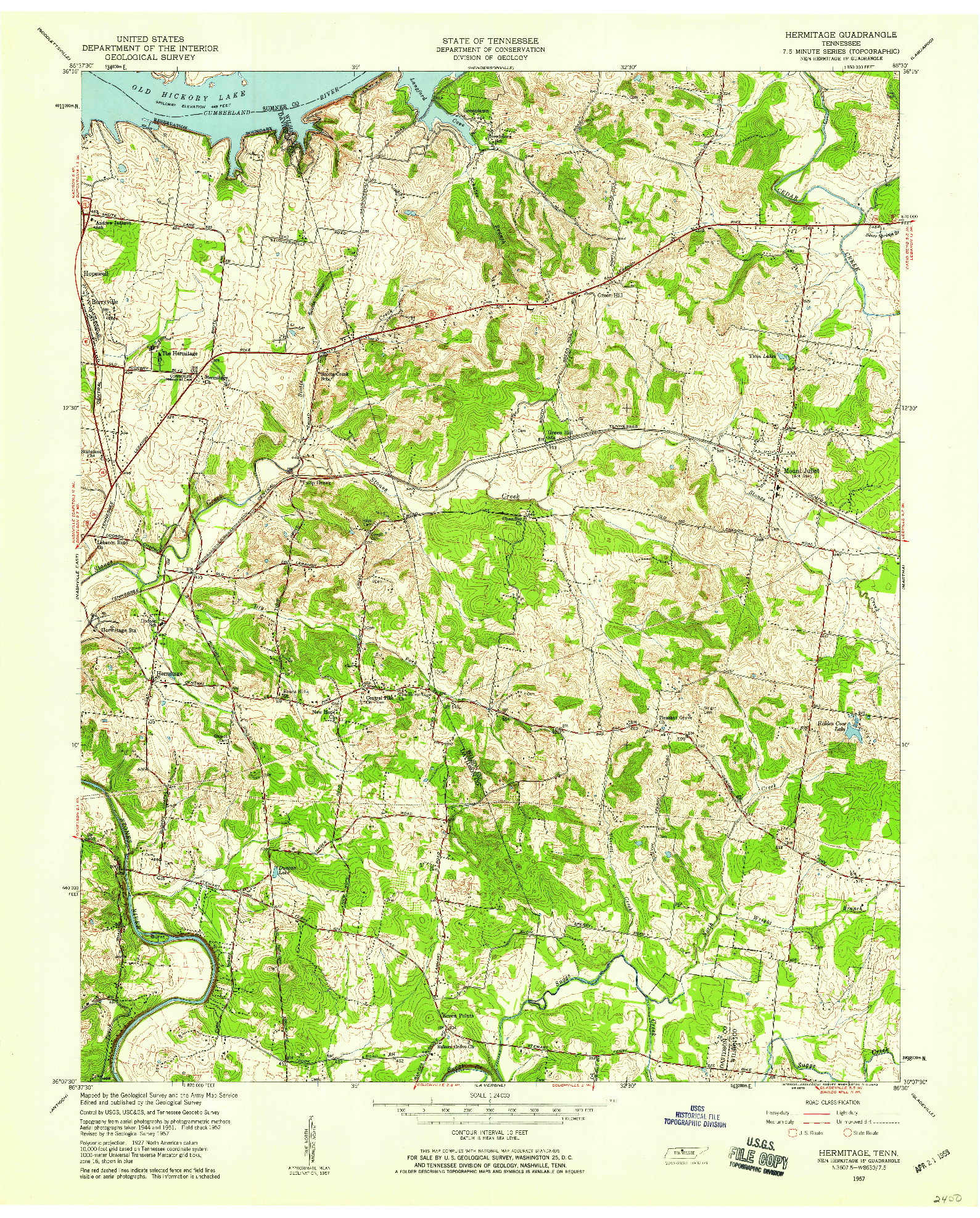 USGS 1:24000-SCALE QUADRANGLE FOR HERMITAGE, TN 1957