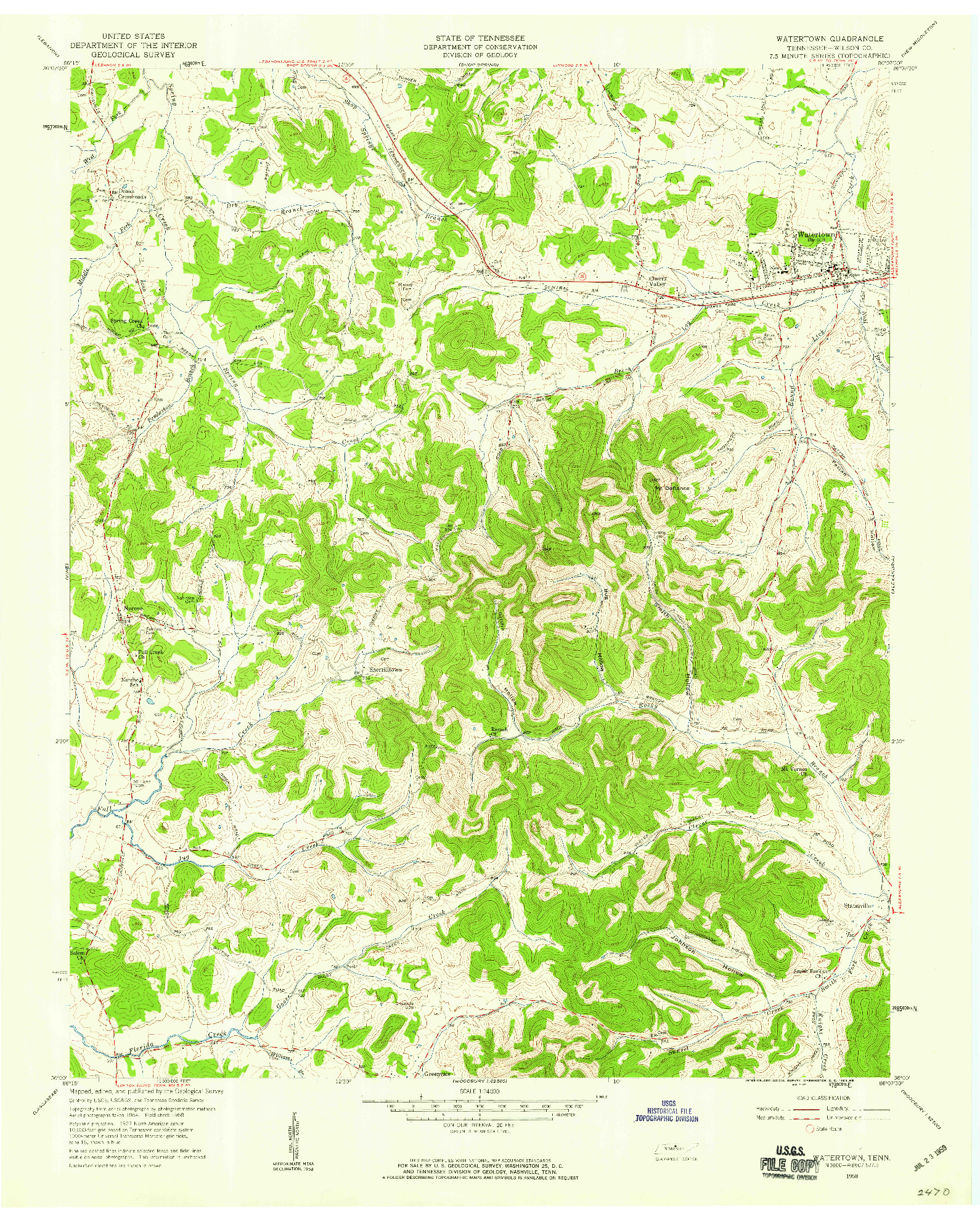 USGS 1:24000-SCALE QUADRANGLE FOR WATERTOWN, TN 1958