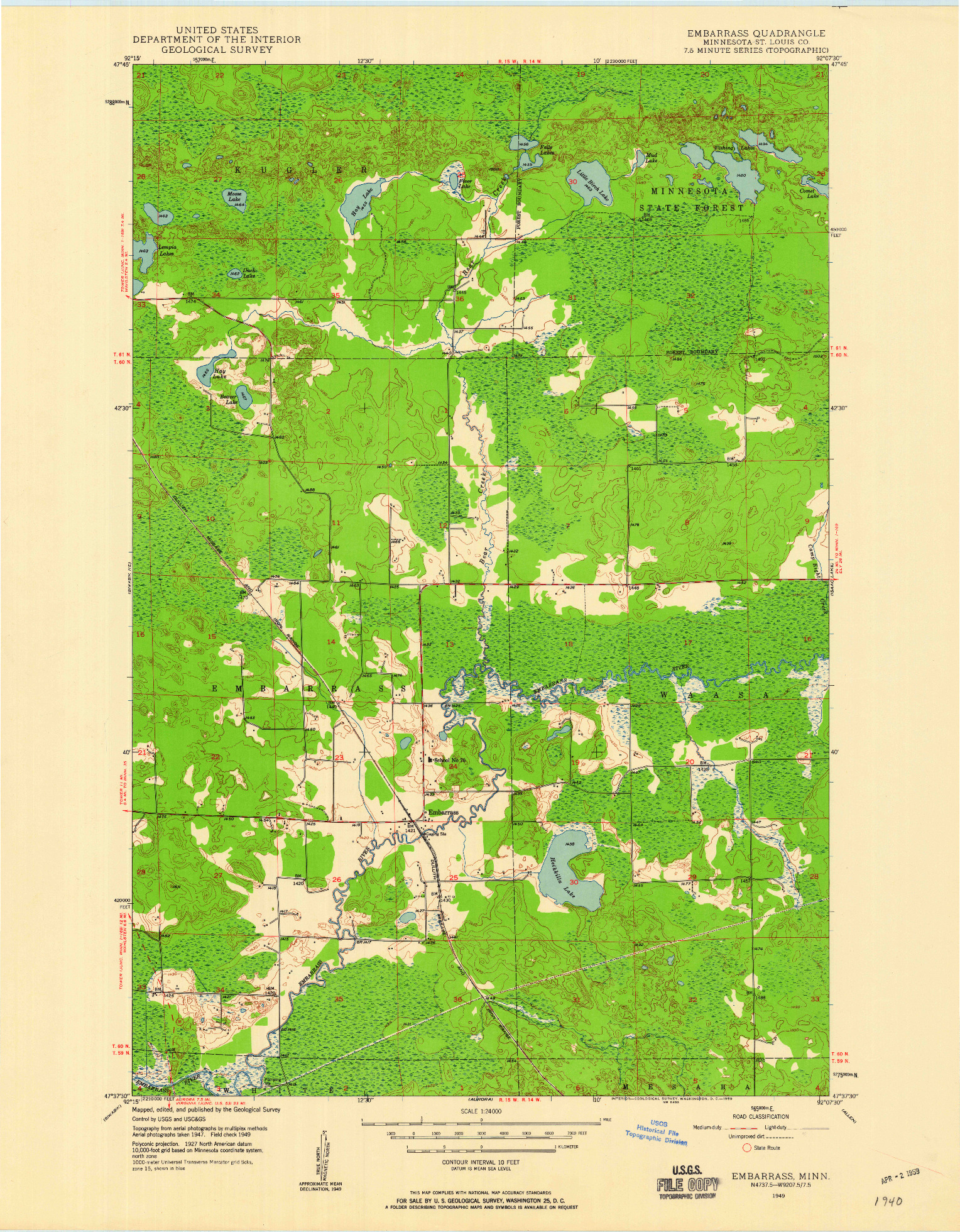 USGS 1:24000-SCALE QUADRANGLE FOR EMBARRASS, MN 1949