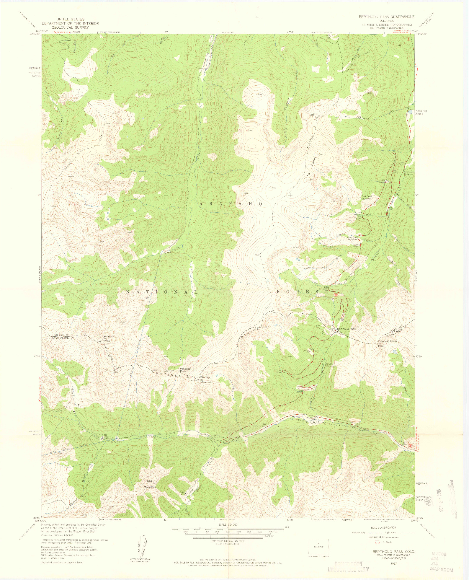 USGS 1:24000-SCALE QUADRANGLE FOR BERTHOUD PASS, CO 1957