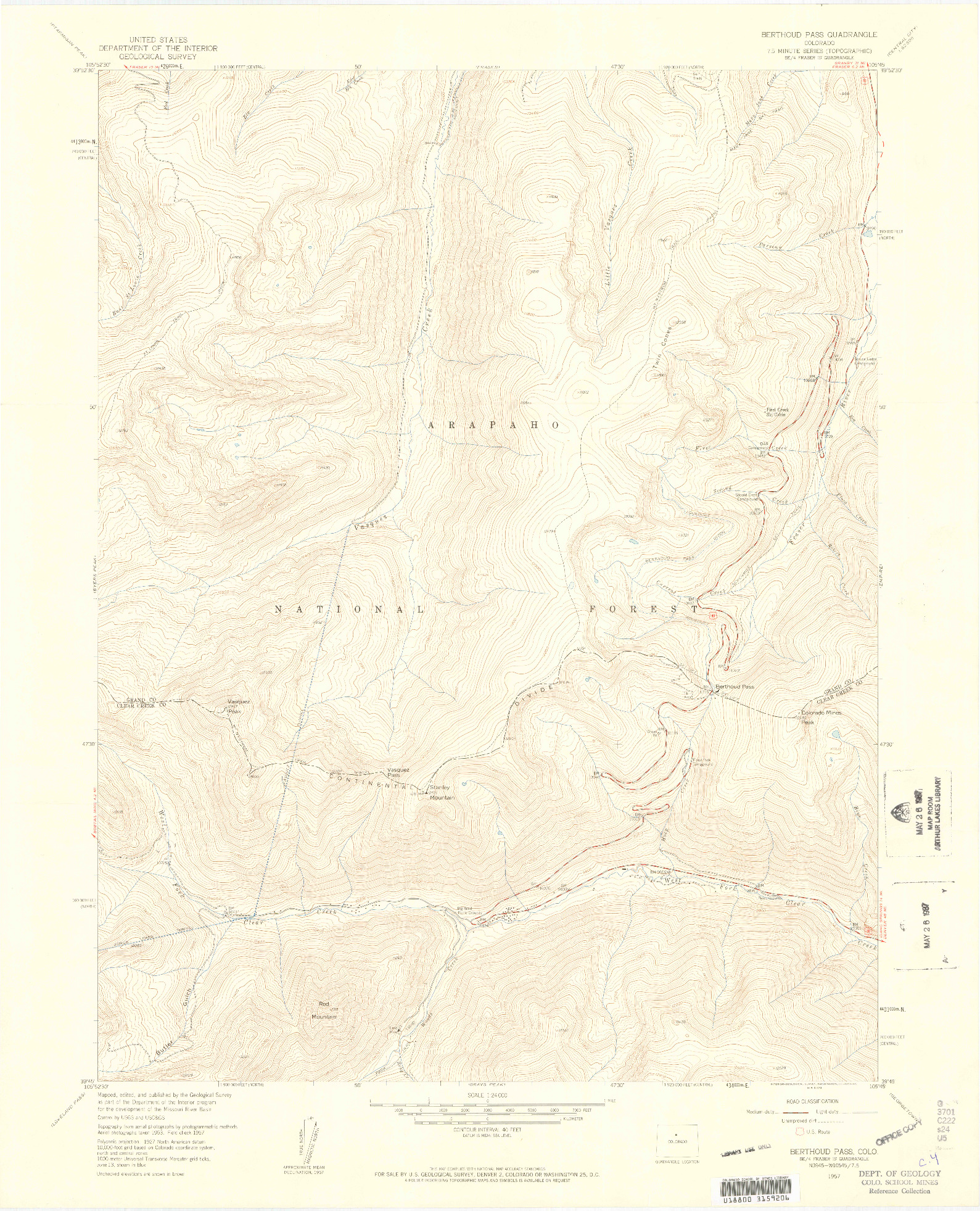 USGS 1:24000-SCALE QUADRANGLE FOR BERTHOUD PASS, CO 1957