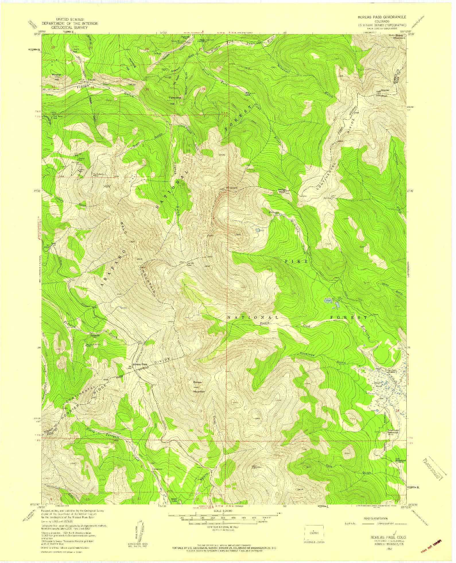 USGS 1:24000-SCALE QUADRANGLE FOR BOREAS PASS, CO 1957