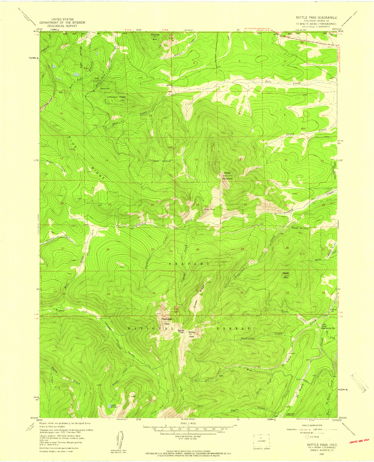 USGS 1:24000-SCALE QUADRANGLE FOR BOTTLE PASS, CO 1957