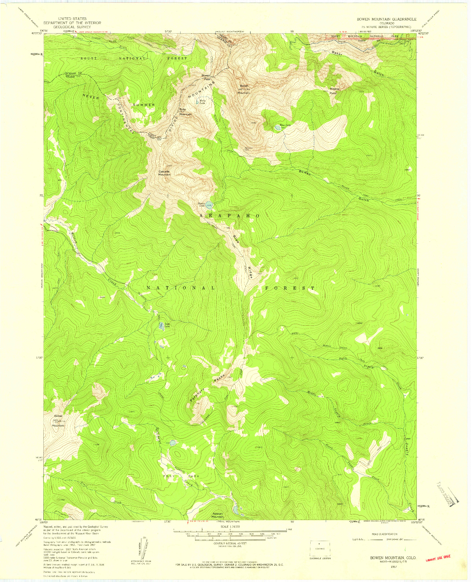 USGS 1:24000-SCALE QUADRANGLE FOR BOWEN MOUNTAIN, CO 1957