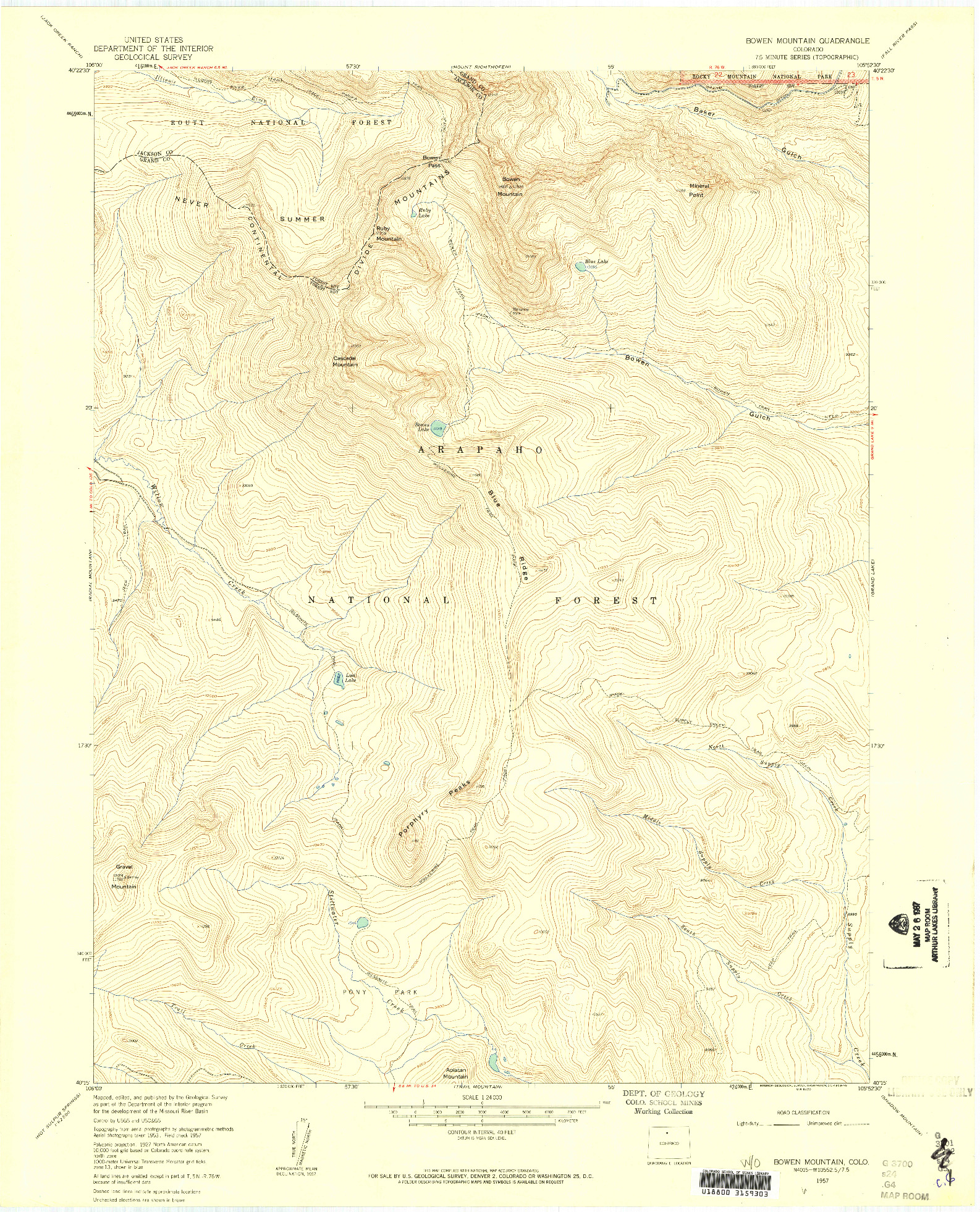 USGS 1:24000-SCALE QUADRANGLE FOR BOWEN MOUNTAIN, CO 1957