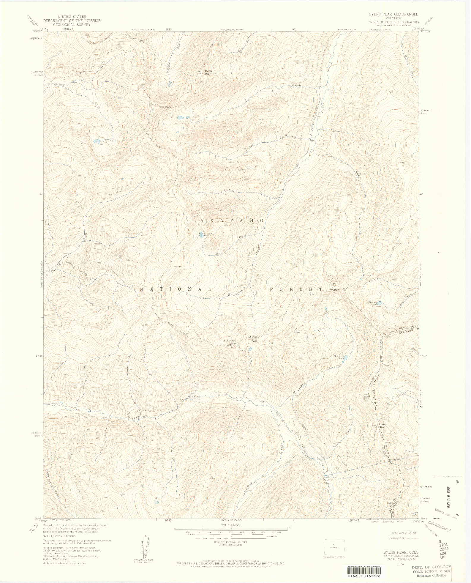 USGS 1:24000-SCALE QUADRANGLE FOR BYERS PEAK, CO 1957