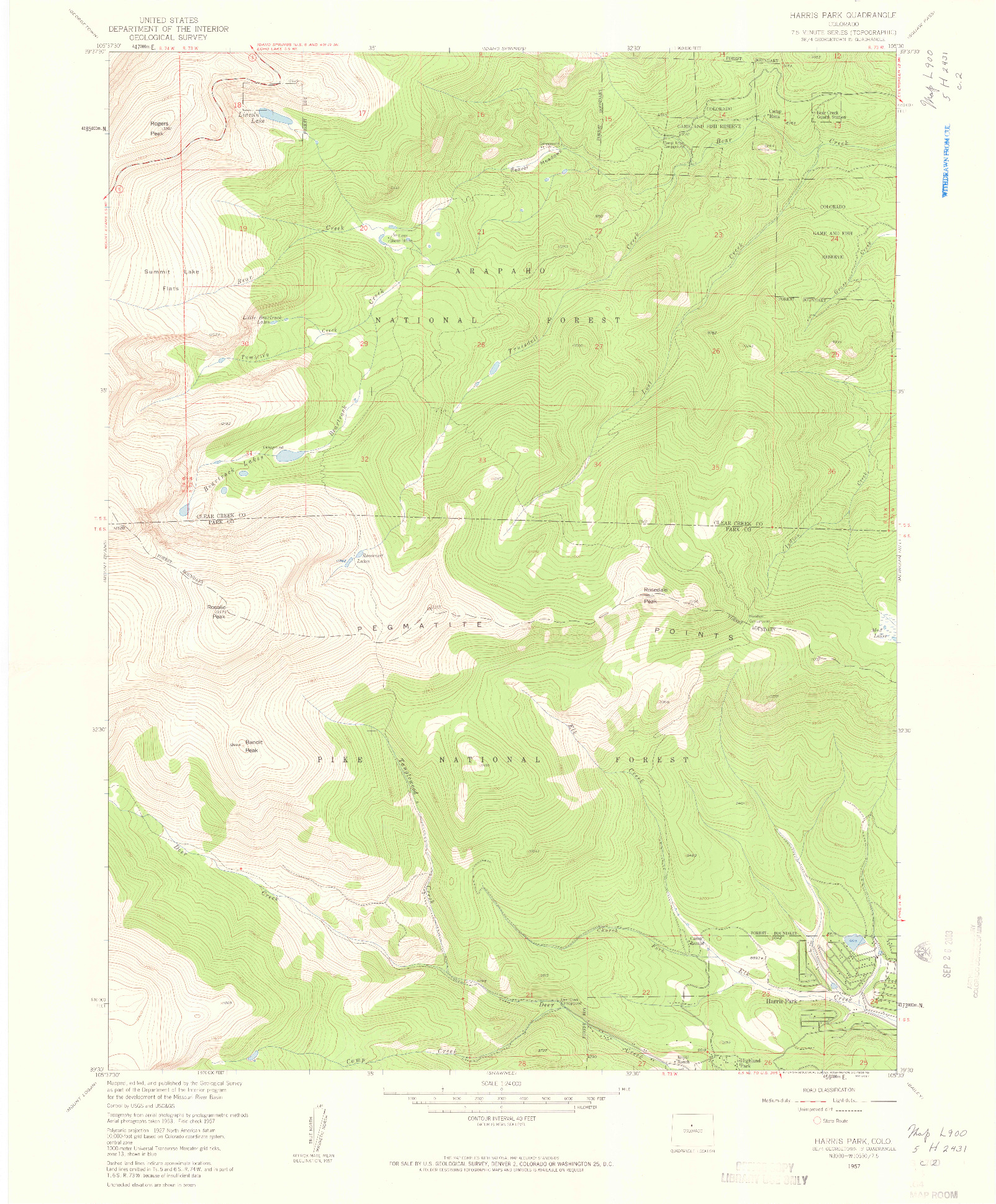 USGS 1:24000-SCALE QUADRANGLE FOR HARRIS PARK, CO 1957