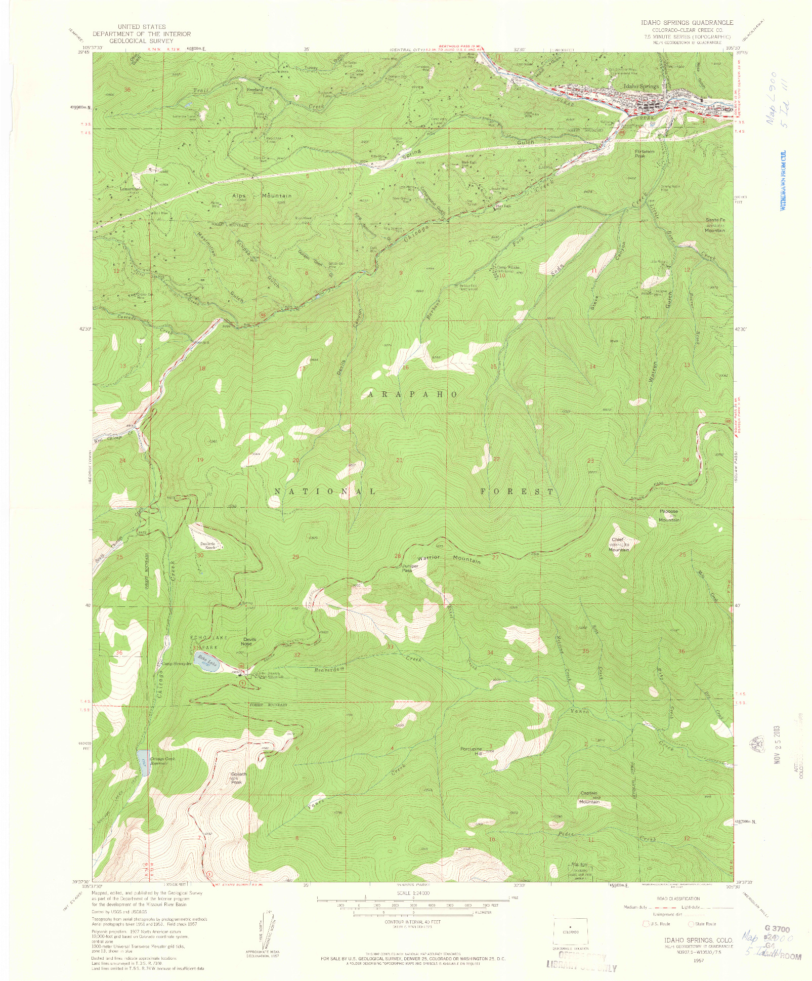 USGS 1:24000-SCALE QUADRANGLE FOR IDAHO SPRINGS, CO 1957