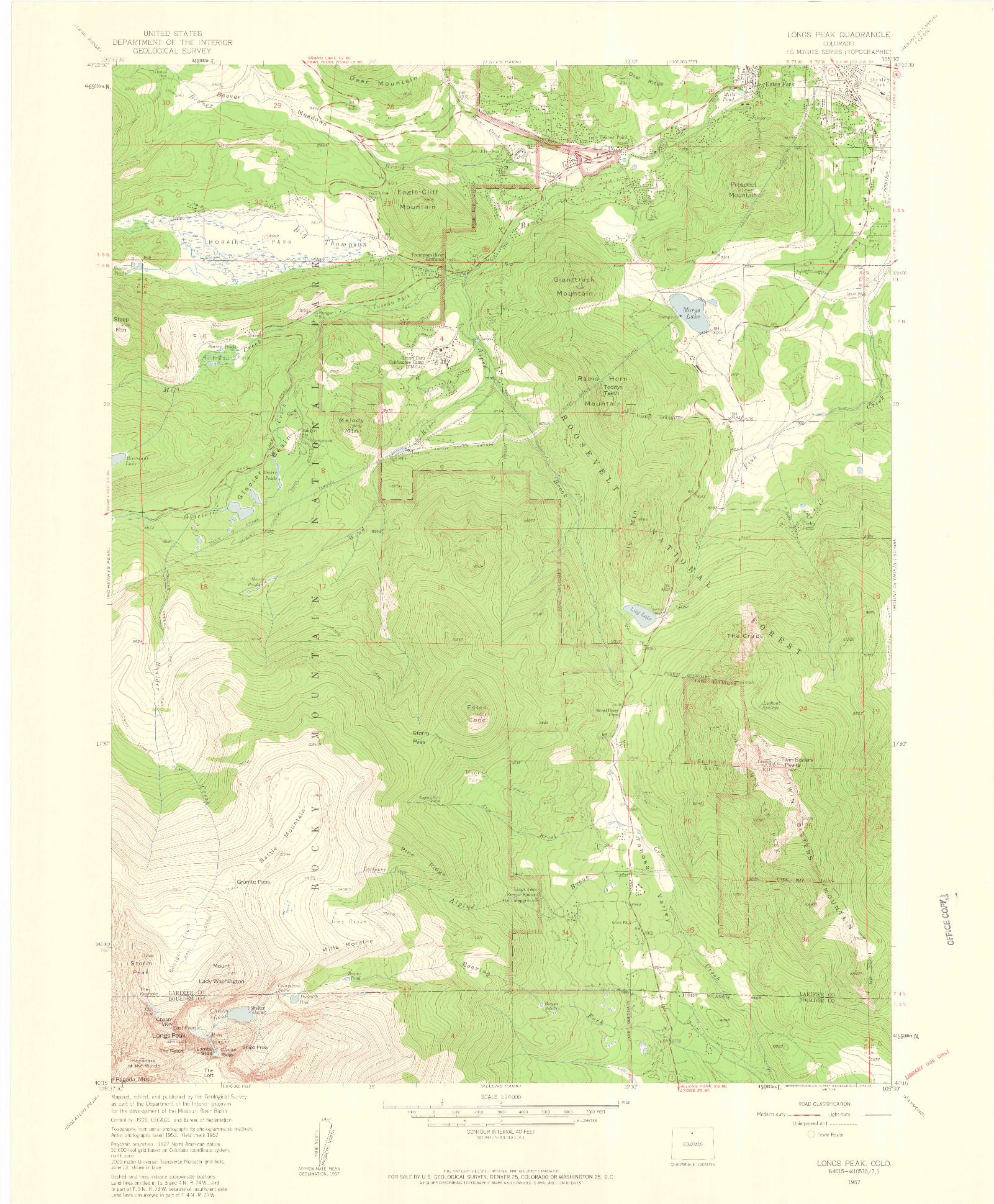 USGS 1:24000-SCALE QUADRANGLE FOR LONGS PEAK, CO 1957