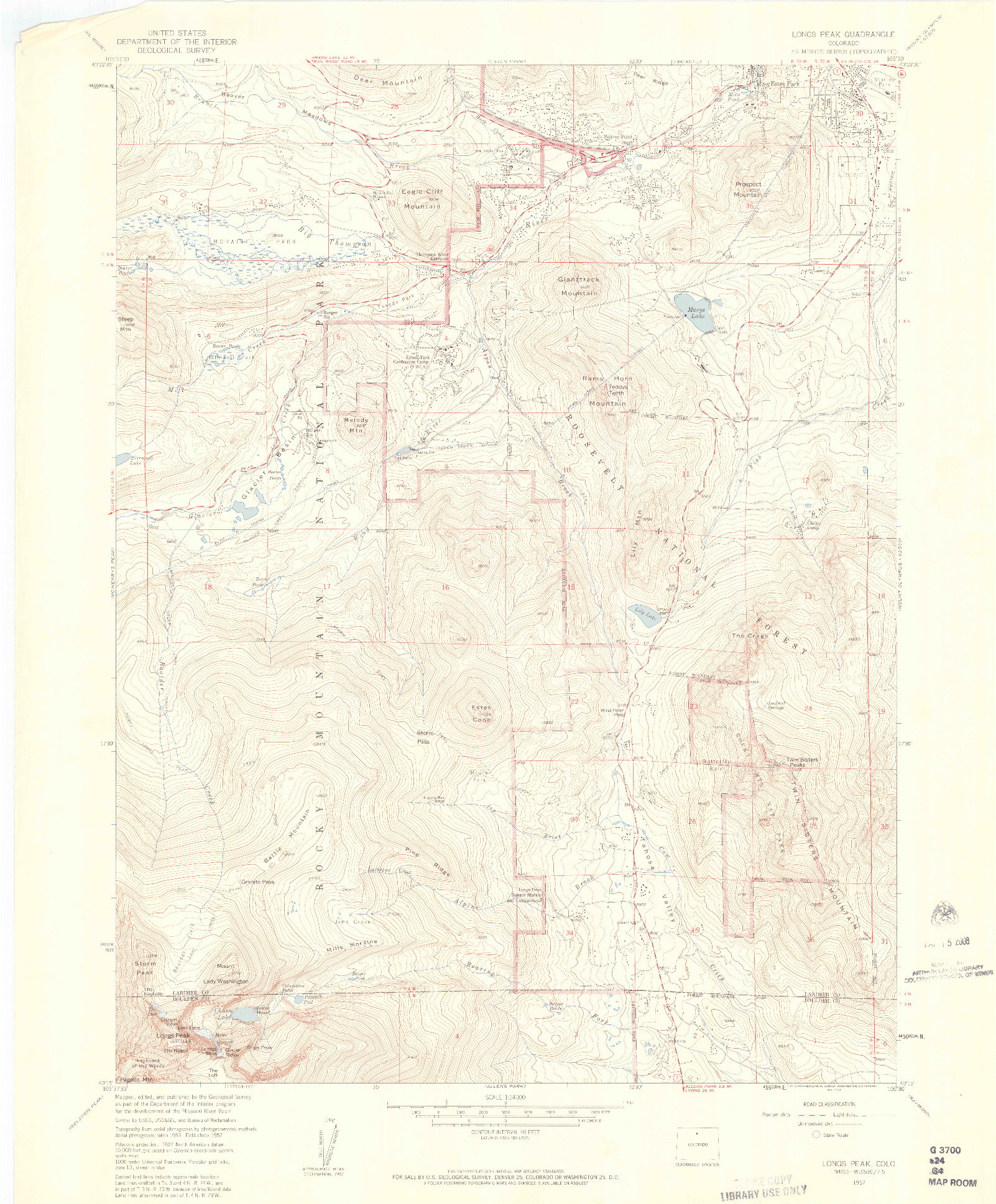 USGS 1:24000-SCALE QUADRANGLE FOR LONGS PEAK, CO 1957