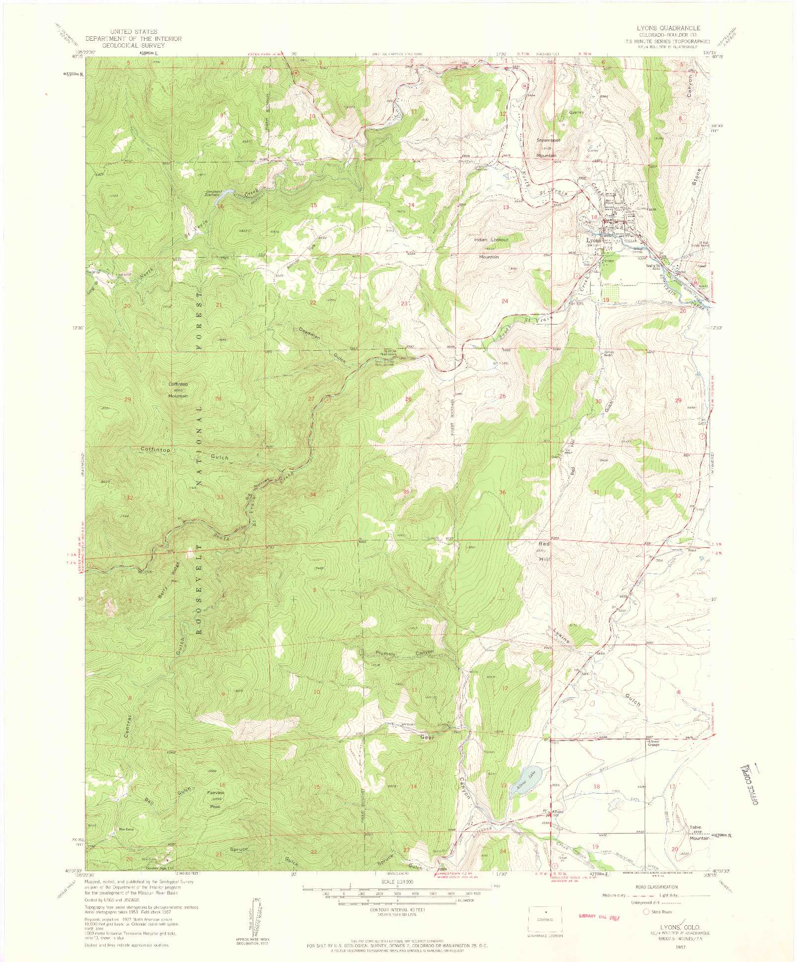 USGS 1:24000-SCALE QUADRANGLE FOR LYONS, CO 1957