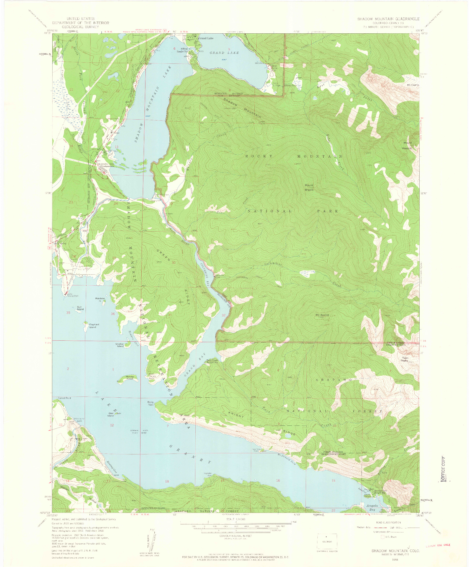 USGS 1:24000-SCALE QUADRANGLE FOR SHADOW MOUNTAIN, CO 1958