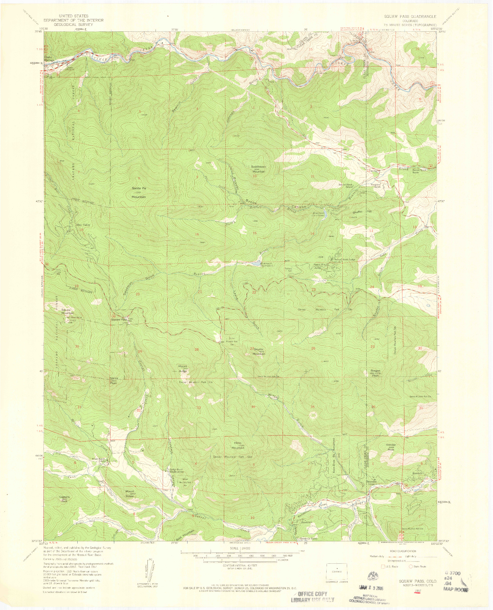 USGS 1:24000-SCALE QUADRANGLE FOR SQUAW PASS, CO 1957