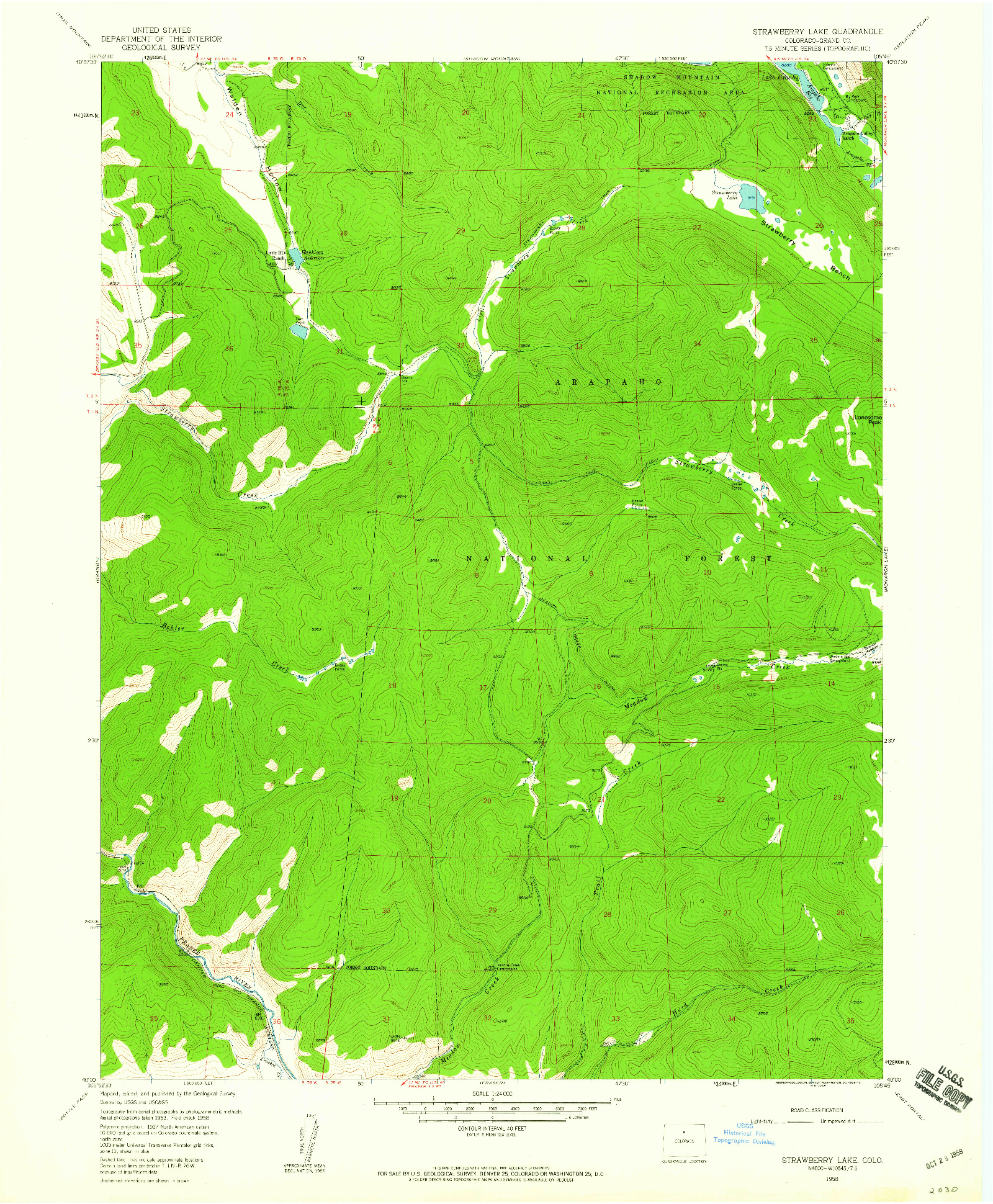 USGS 1:24000-SCALE QUADRANGLE FOR STRAWBERRY LAKE, CO 1958