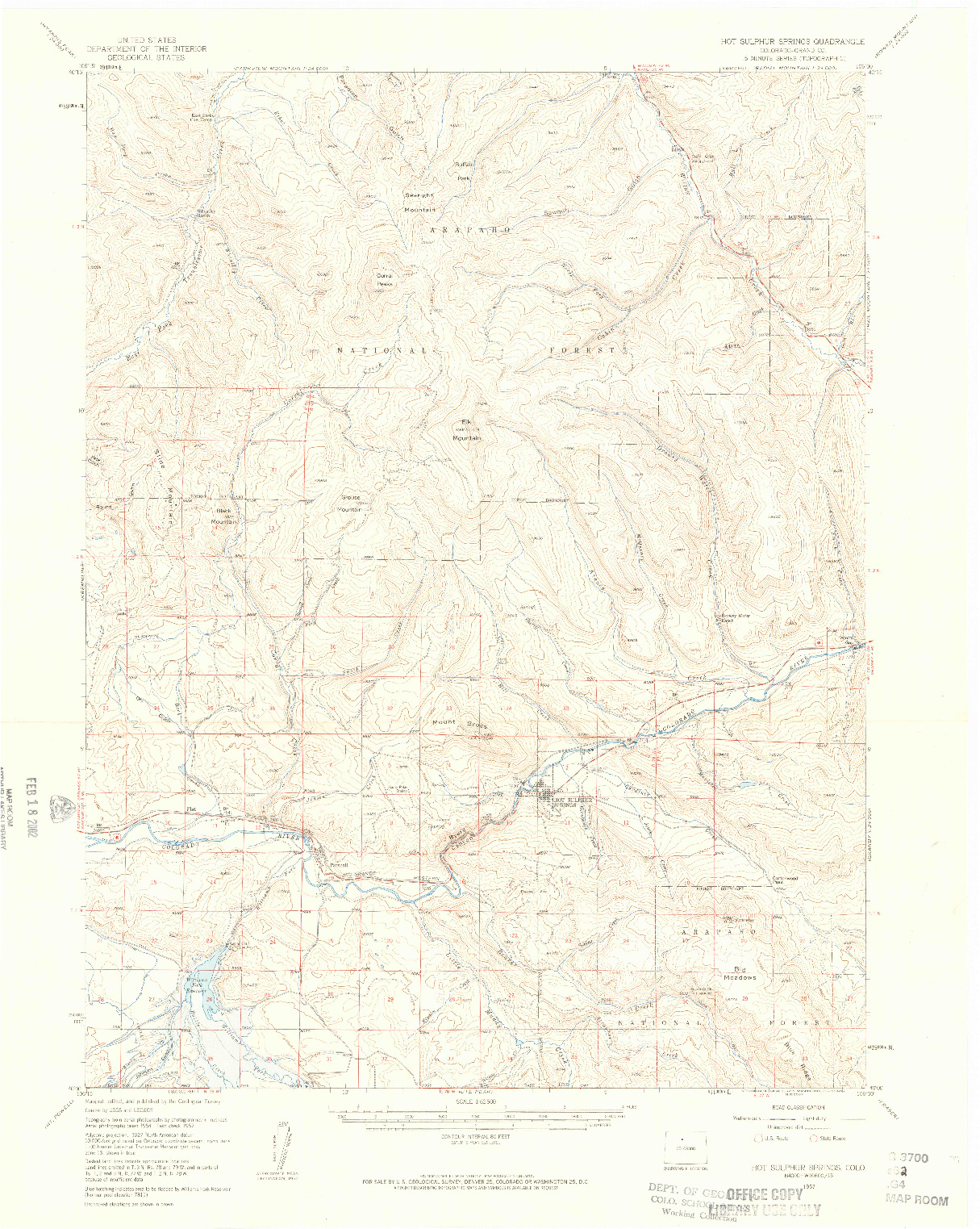 USGS 1:62500-SCALE QUADRANGLE FOR HOT SULPHUR SPRING, CO 1957