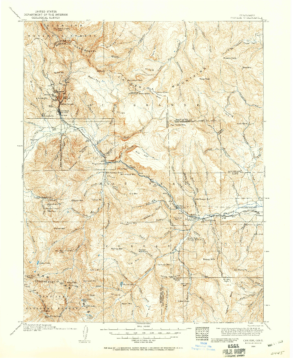 USGS 1:125000-SCALE QUADRANGLE FOR CREEDE, CO 1914