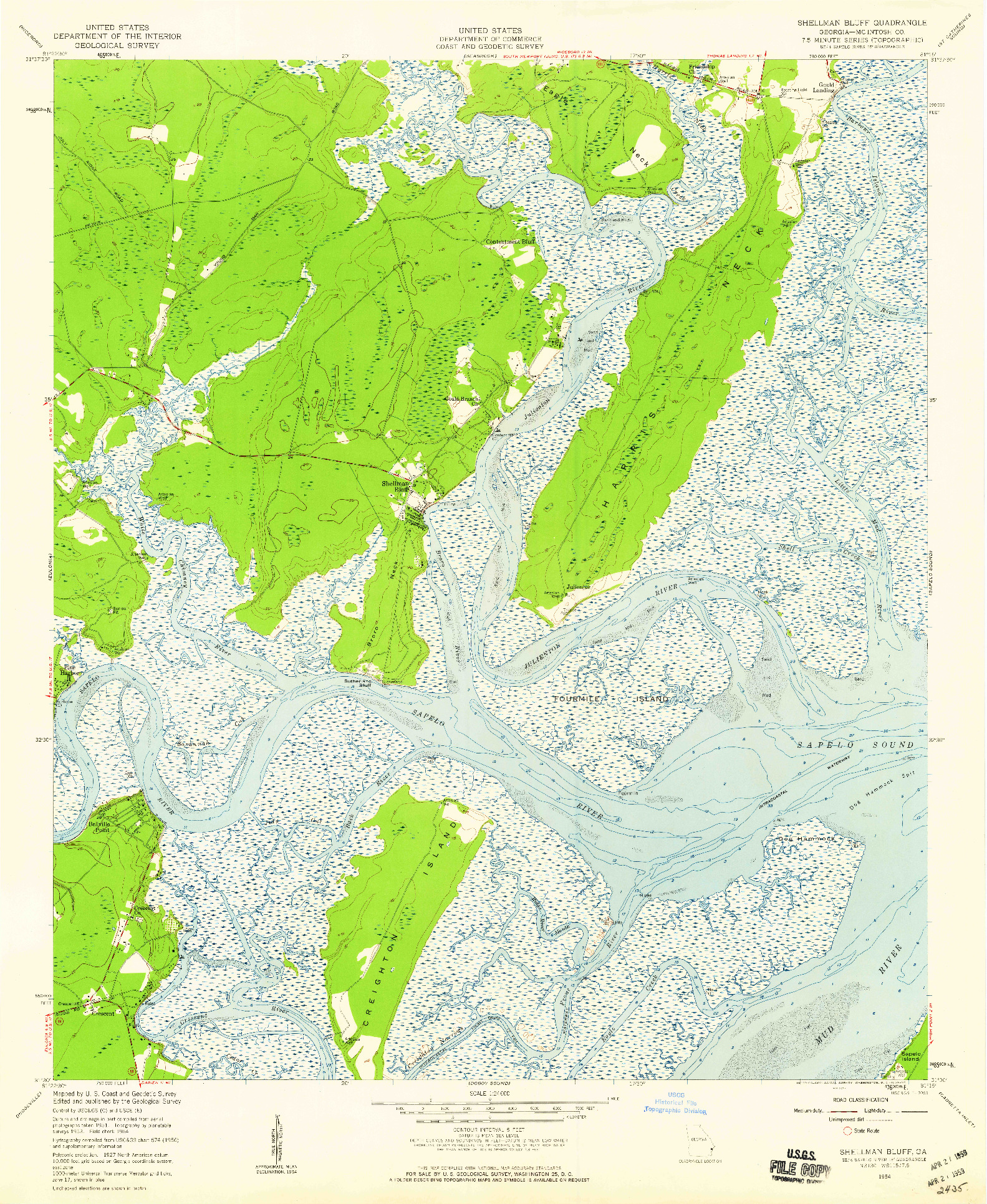 USGS 1:24000-SCALE QUADRANGLE FOR SHELLMAN BLUFF, GA 1954