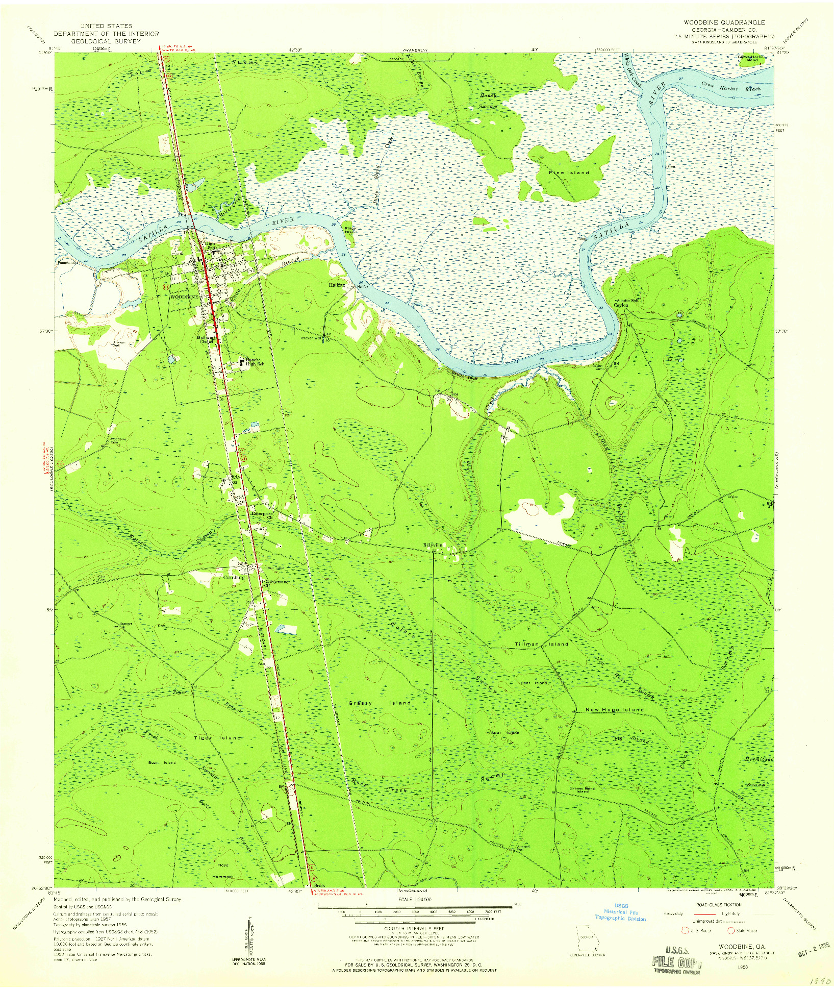 USGS 1:24000-SCALE QUADRANGLE FOR WOODBINE, GA 1958