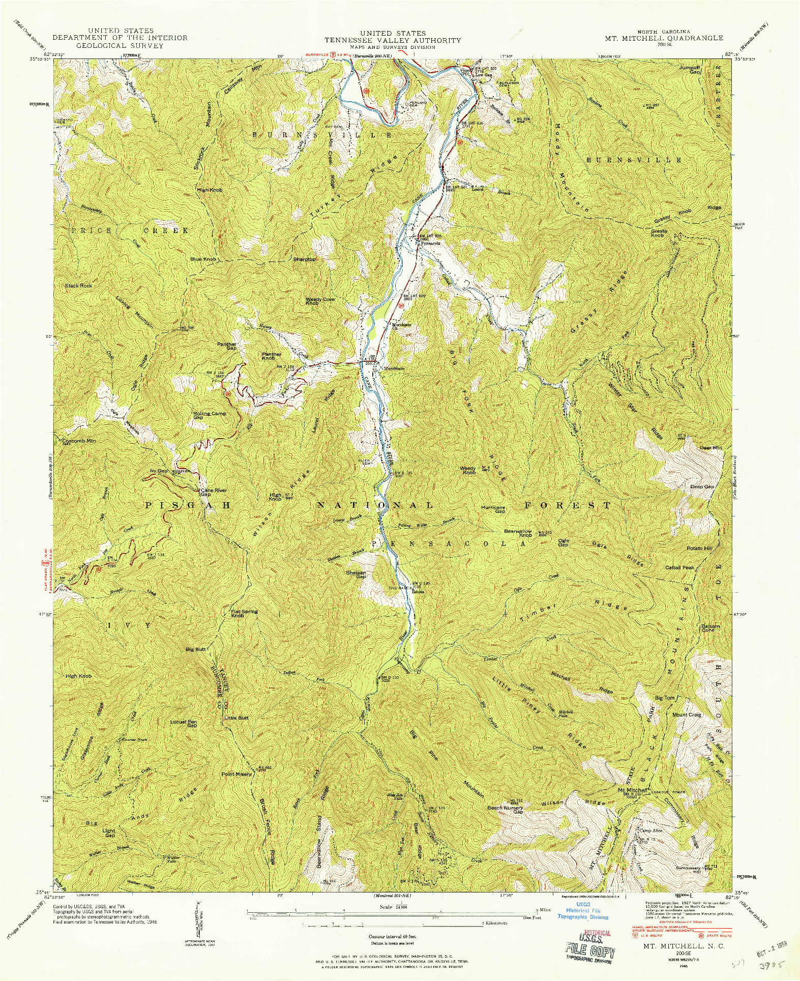 USGS 1:24000-SCALE QUADRANGLE FOR MT. MITCHELL, NC 1946