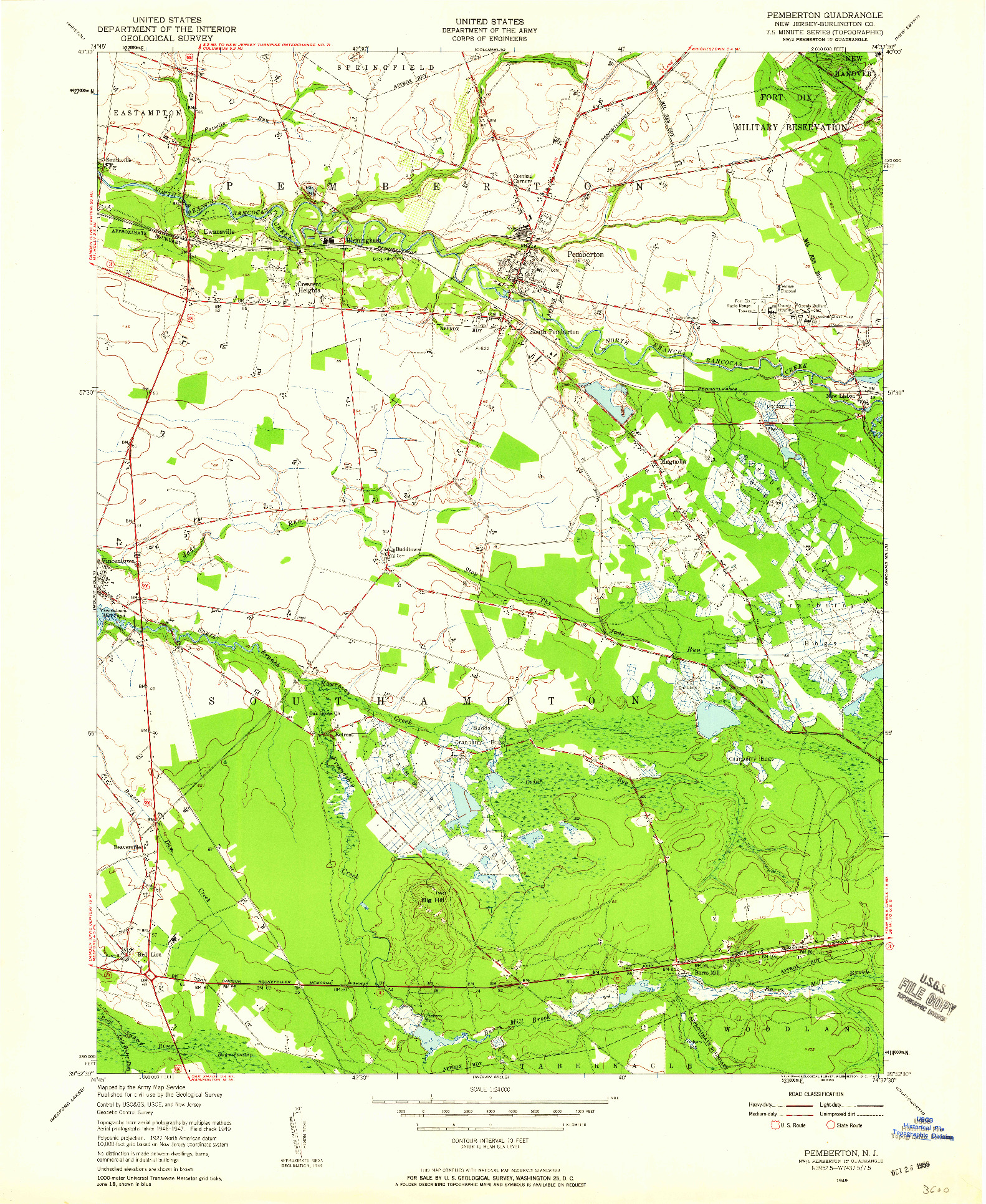 USGS 1:24000-SCALE QUADRANGLE FOR PEMBERTON, NJ 1949